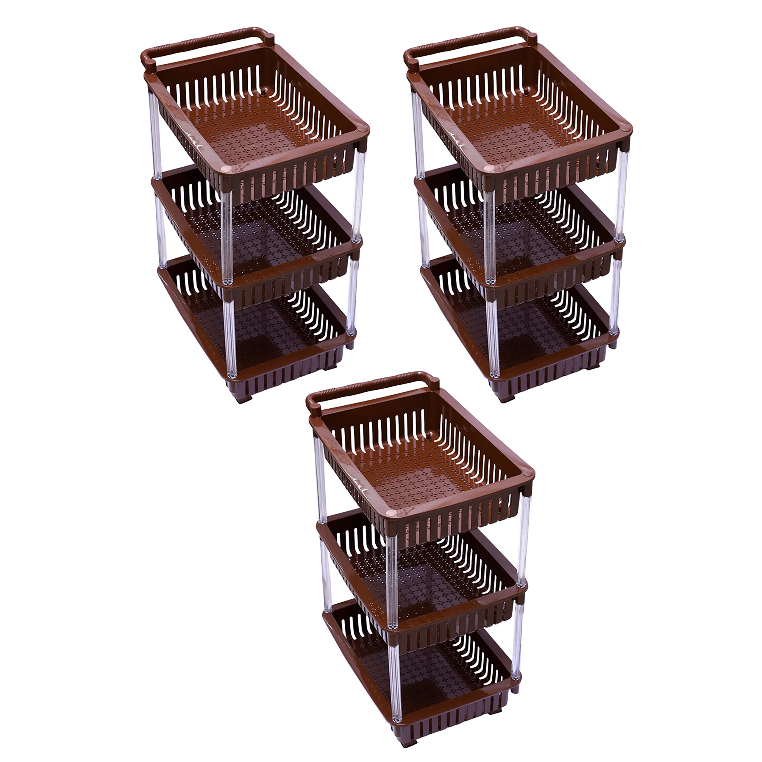 JMS we create smile (Set of 3) 3 Tier Rolling Trolley Cart Kitchen Storage Rack on Wheels Well Ventilated Basket Shelf Detachable Plastic Storage Rack Unit For Pantry Bathroom Office Garage (Brown)
