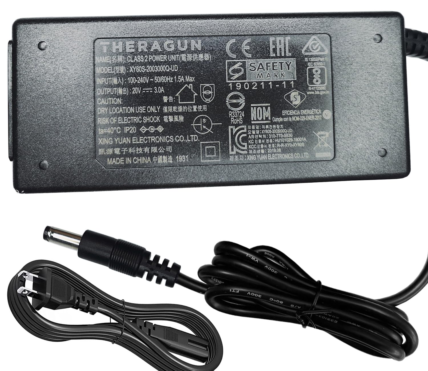 OEM Genuine 20V AC/DC Adapter for Theragun Pro G4 G3 Elite-PKG-BLK-US G4Pro G3PRO Massager Gun Muscle Percussive Massage XY60S-2003000Q-UD RC0653-2003000D EA1046SAR 2.25A Power Supply Battery Charger