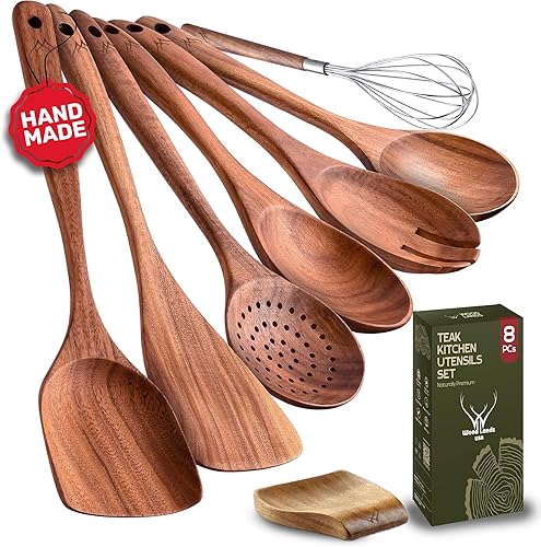 Miniatura 14 de 7 utensilios de cocina de madera de teca, juego de utensilios de cocina de madera hechos a mano con soporte, elegantes cucharas de madera para