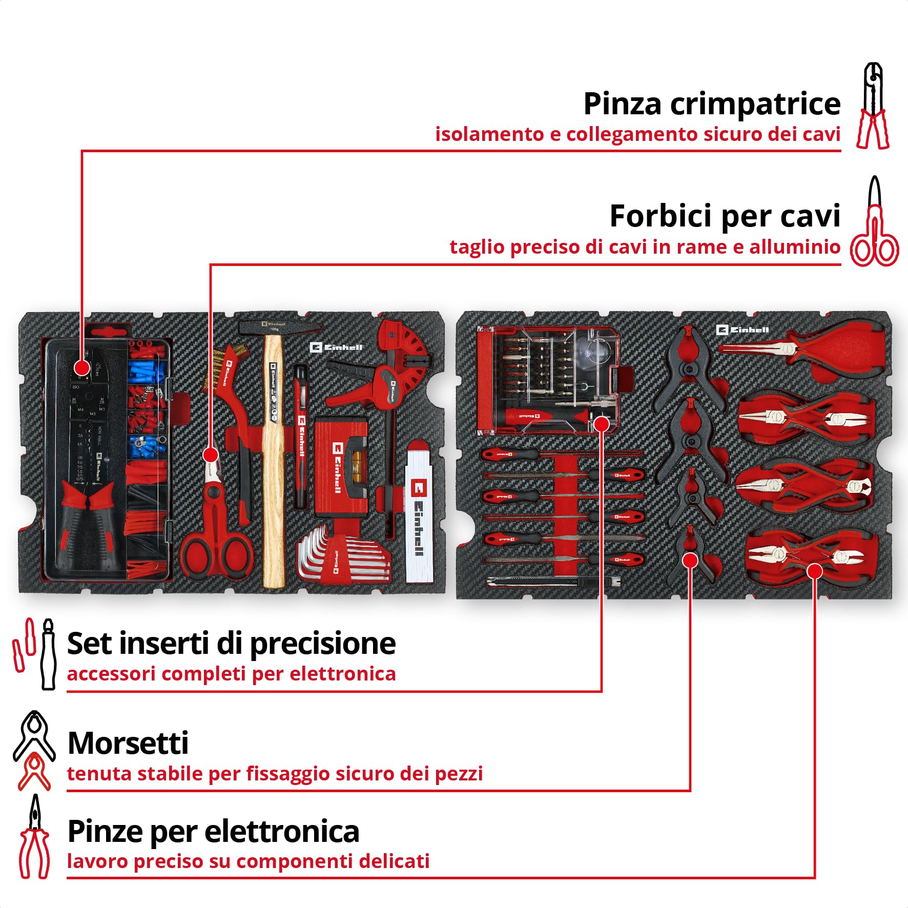 Einhell E-Case 153 pezzi valigetta portautensili Hobby | Riparazione elettronica | pinze elettronica | set capicorda | spazzola metallica | lime | morsetti molla | valigetta sistema