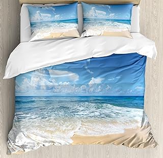Ambesonne Ocean Duvet Cover Set, Waves and Paradise Beach with Sky Sun Endless Summer Sea Coast View Tropic Print, Decorative 3 Piece Bedding Set with 2 Pillow Shams, Queen Size, Cream Blue