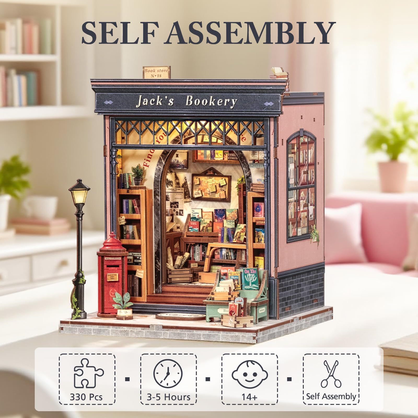 Fsolis Book Nook Kit & Puppenhaus - Kreatives Miniatur, Modell für Regale, eine ausgezeichnete Wahl für Literatur- und Geschichtsbegeisterte, Geschenkidee für Erwachsene/Jugendliche(Jack's Bookery)