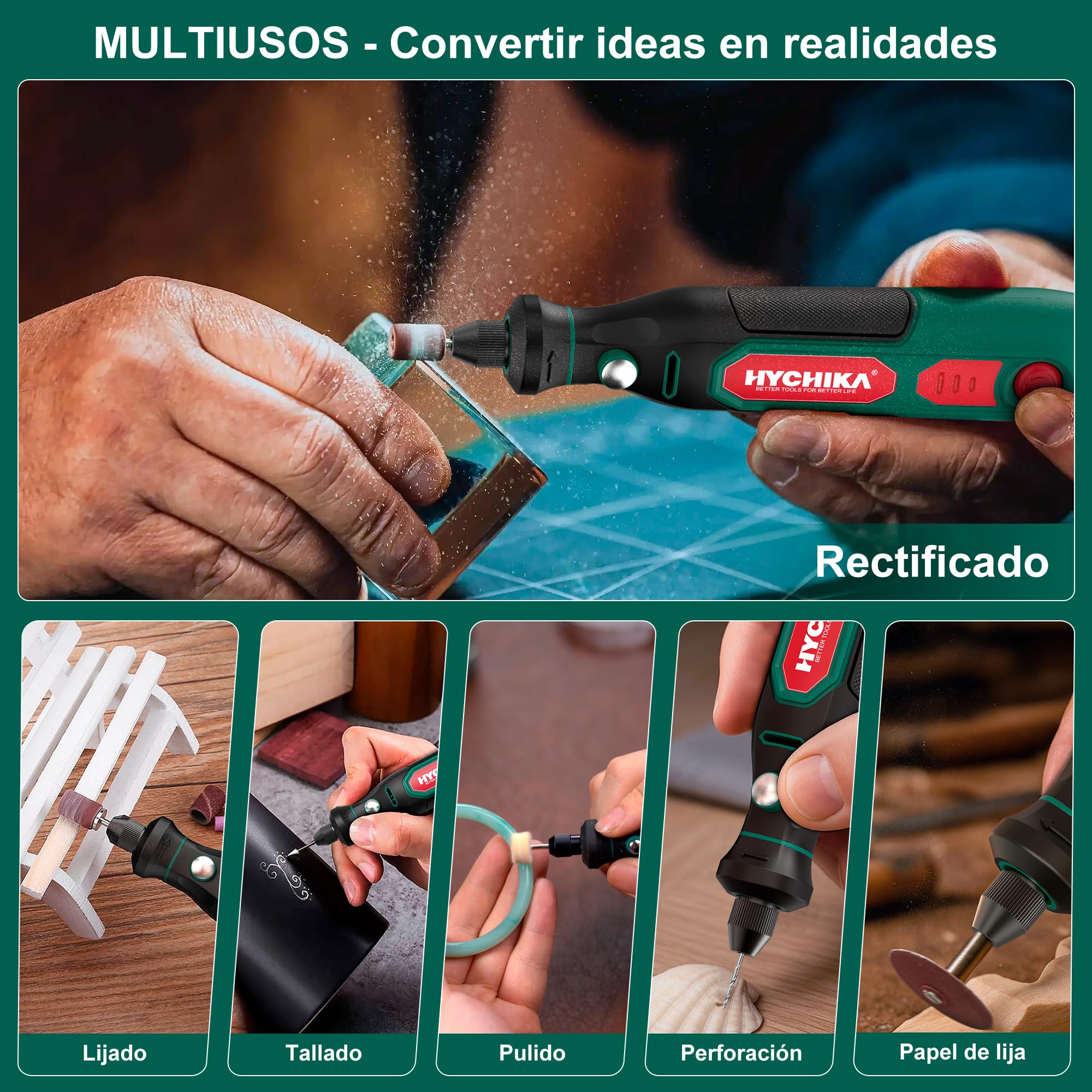 HYCHIKA 3,6V Mini Amoladora Eléctrica Bateria，Con 77 Accesorios para Taladrar, Lijar, Pulir, Grabar，Mini Taladro Eléctrica con Velocidad Ajustable y Carga Tipo-C，Herramienta Rotativa Ideal para DIY