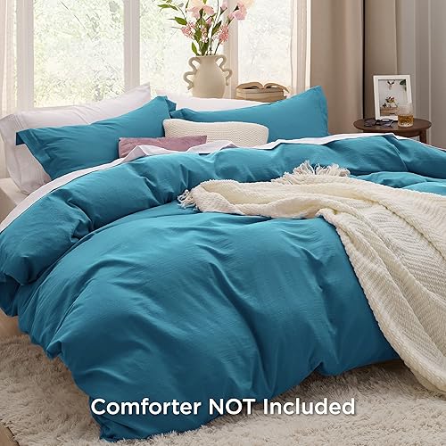 Vista 19 de Bedsure Funda de edredón azul pizarra tamaño Queen – Juego de ropa de cama extra suave prelavada similar al algodón, incluye 1 funda de edredón