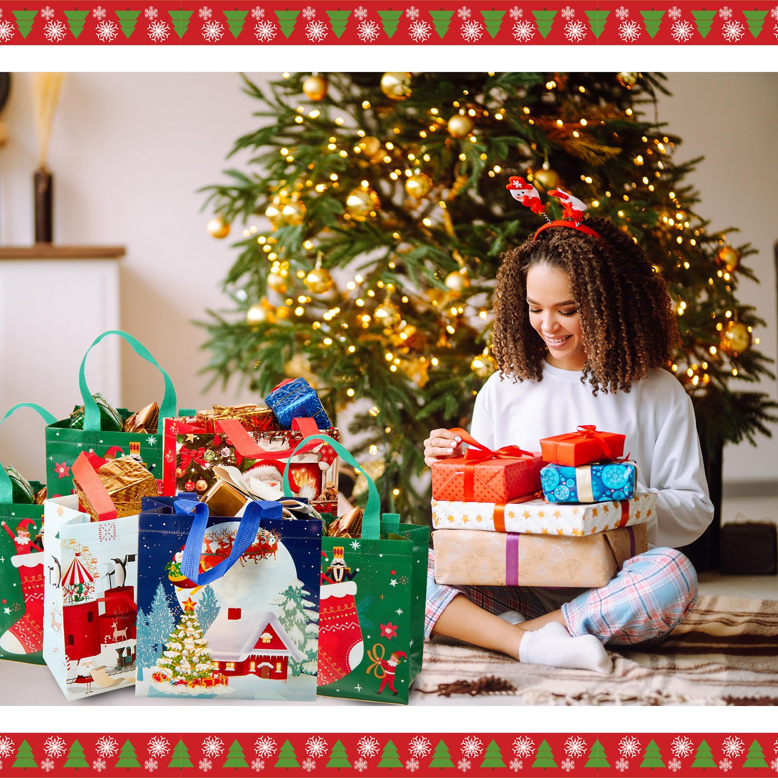 Abbylike 60 Stück Vlies-Geschenktüten für Weihnachten, kleine Tragetaschen mit Griffen, multifunktional, wiederverwendbar, Weihnachtsgeschenktüten für Leckereien, Geschenke, Einkaufen, Weihnachten,
