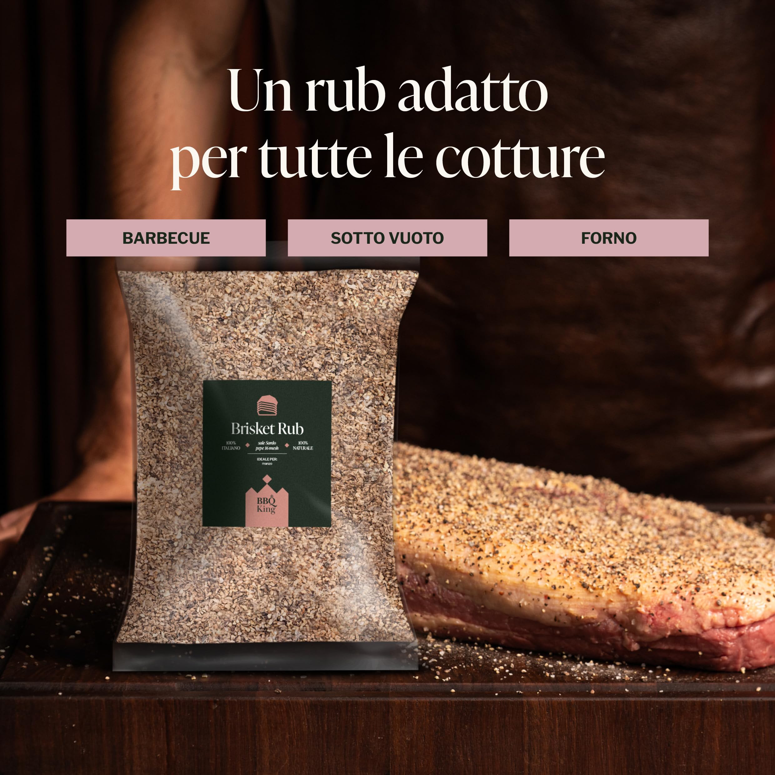 BBQ KING - Brisket Rub Envase de 1 kg, Dry Rub BBQ ideal para carne de vacuno, ideal para barbacoas texanas, set de especias para cocina 100% Made in Italy, mezcla técnica para cocción lenta