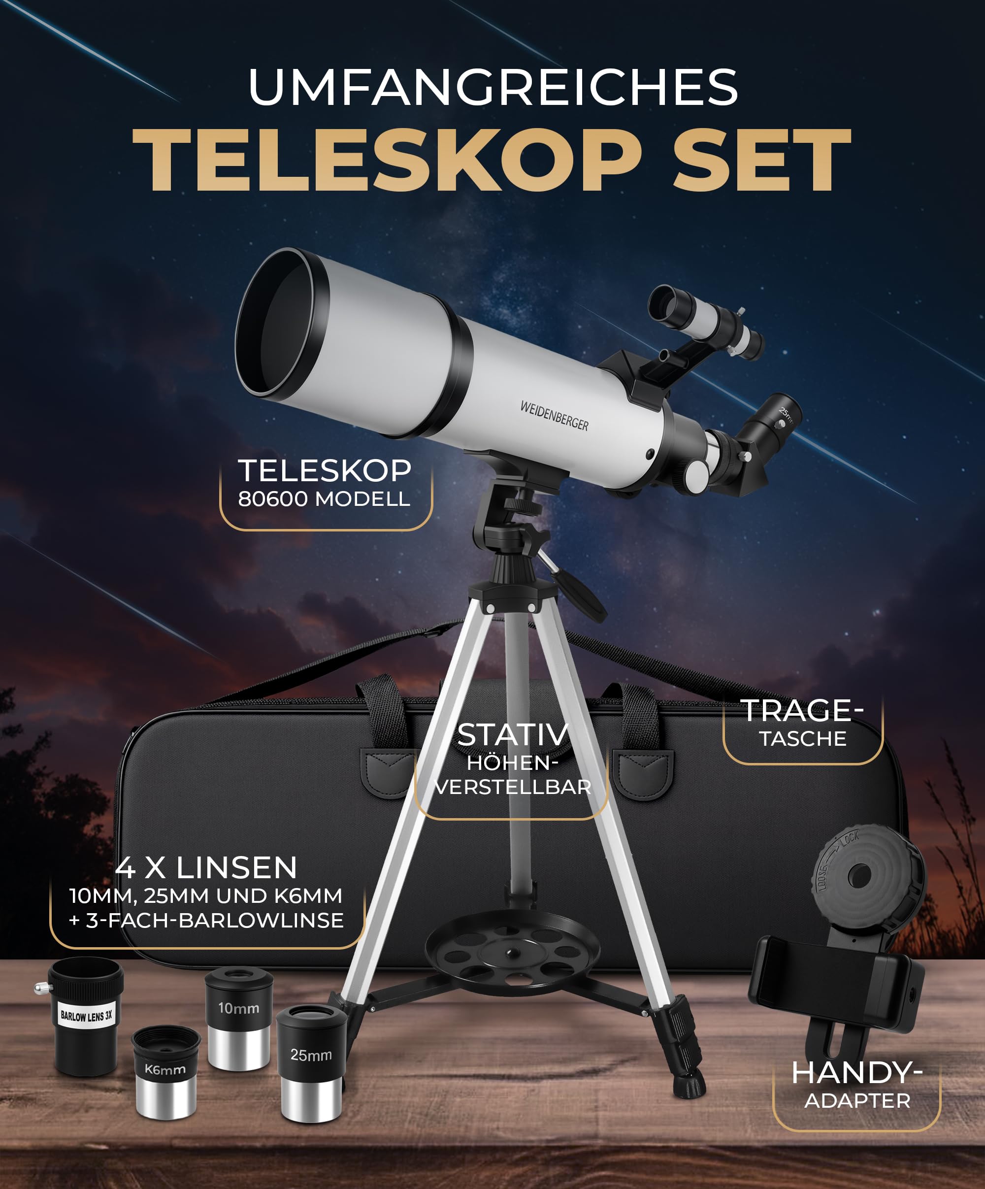 Teleskop 80600 – Refraktor-Fernrohr, 800 mm Brennweite, 60 mm Öffnung mit 3 Okularen + 3× Barlow-Linse, Sucherfernrohr, Stativ & Handy-Adapter – für Erwachsene & Einsteiger