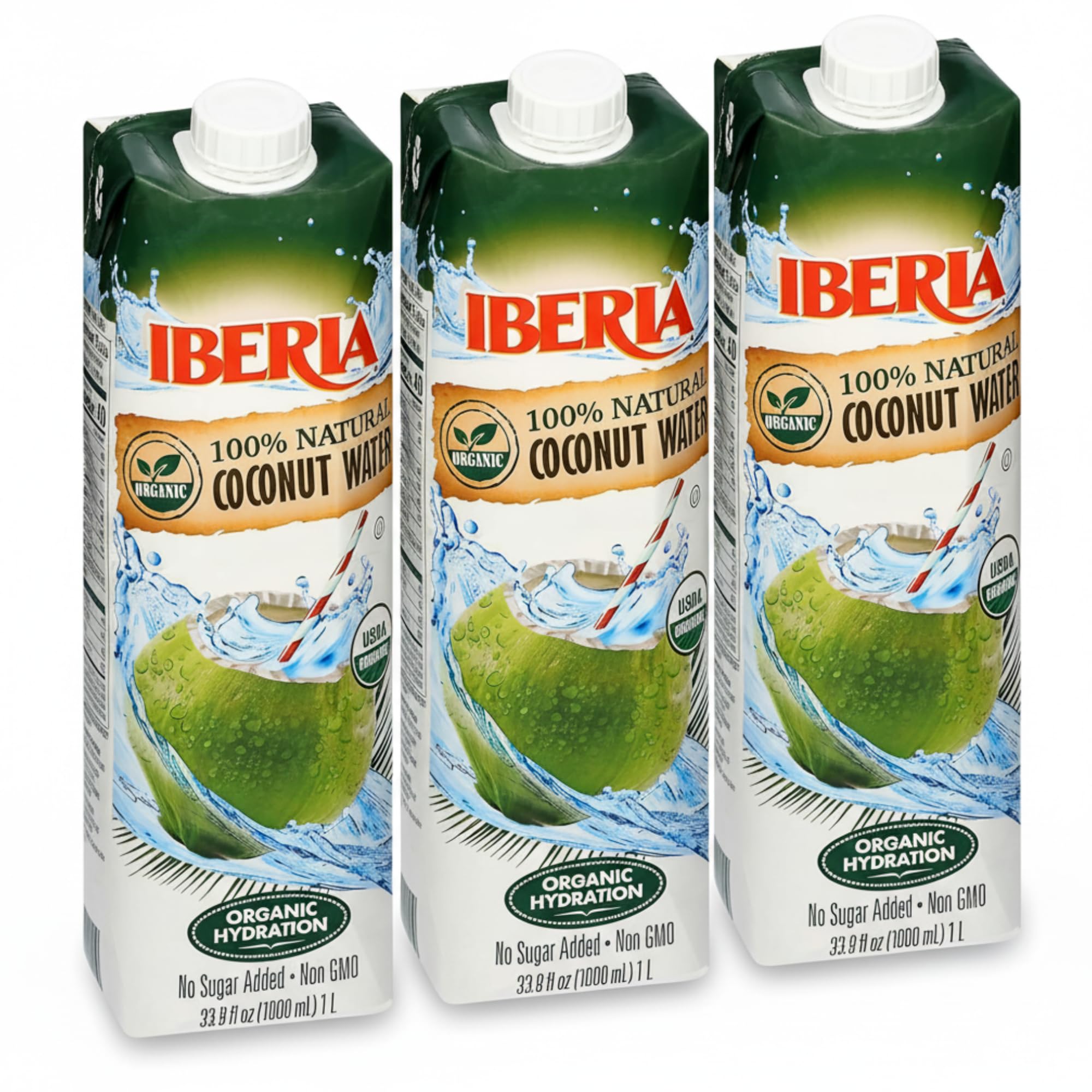 Iberia 100% Pure Organic Coconut Water, 1 Liter , 33.8 Fl Oz (Pack of 3)USDA Organic