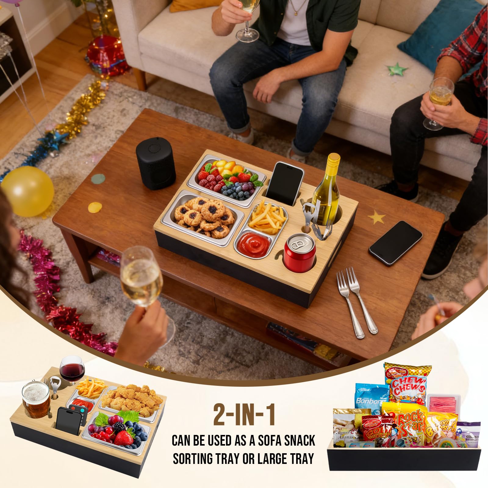 Canapé Bar avec Boîte Cadeau, Plateau de Canapé avec Boîte à Goûter, Fourchette à Fruits et Ouvre-Bouteille, Plateau de Service à Vin, Boîte à Collations Couchbar pour Le Salon, la Fête