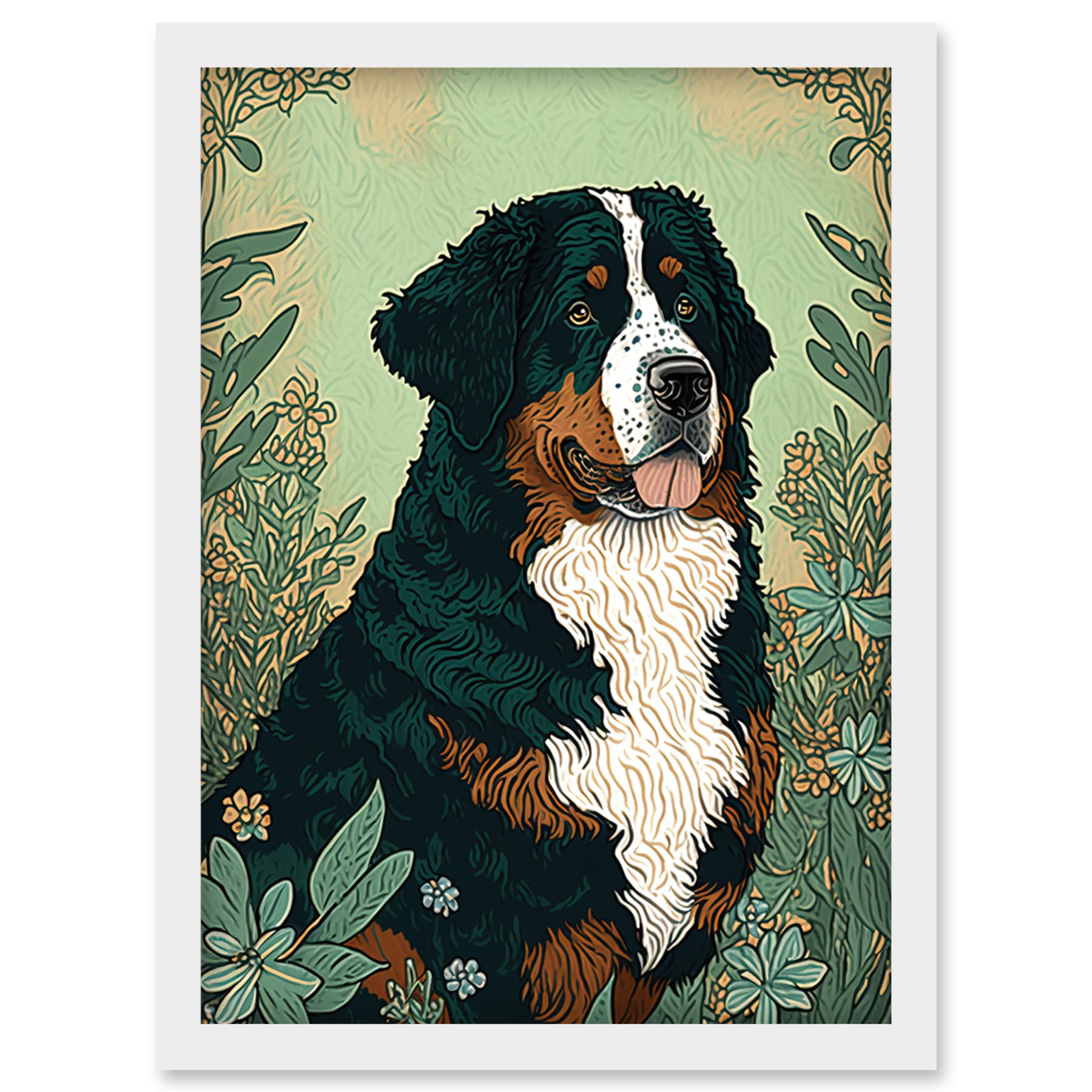 Artery8 Bernese Mountain Dog in Wildflower Field Modern Illustration Artwork Framed Wall Art Print A4