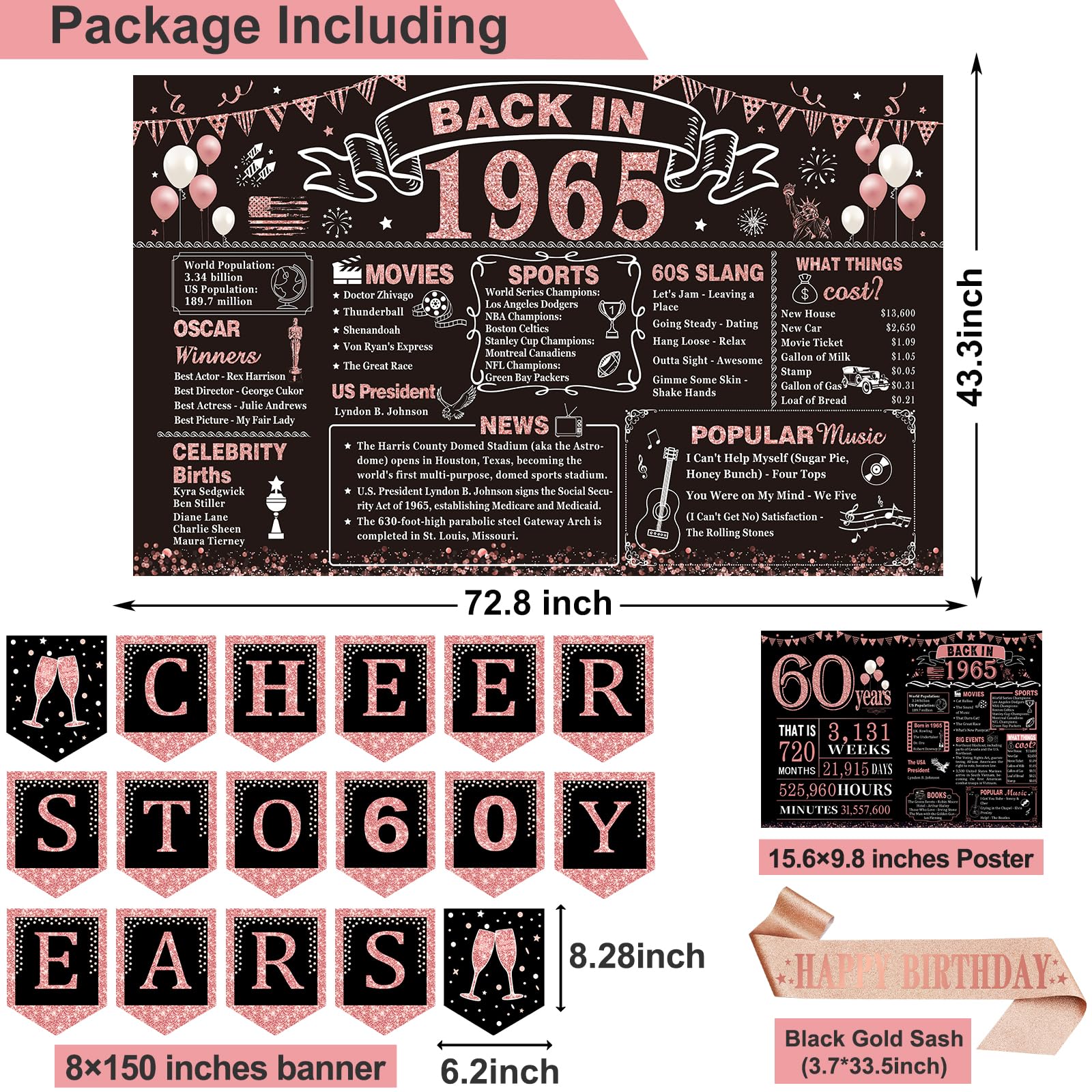 60th Birthday Decorations for Women,24PCS 1965 Banner Decorations,Including Banner,6 Honeycomb Topper,60 Balloons,Cheers to 60 Years Banner,7 Hanging Swirl,6 Paper Poms,Anniversary Card,Sash