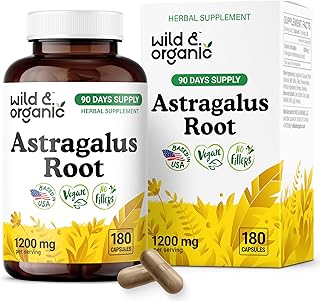 Wild & Organic Astragalus Capsules 1200 mg - Immune Support - Astragalus Root Powder Supplement - 90 Days of Supply - Vegan, No Fillers, Non-GMO - 180 Count