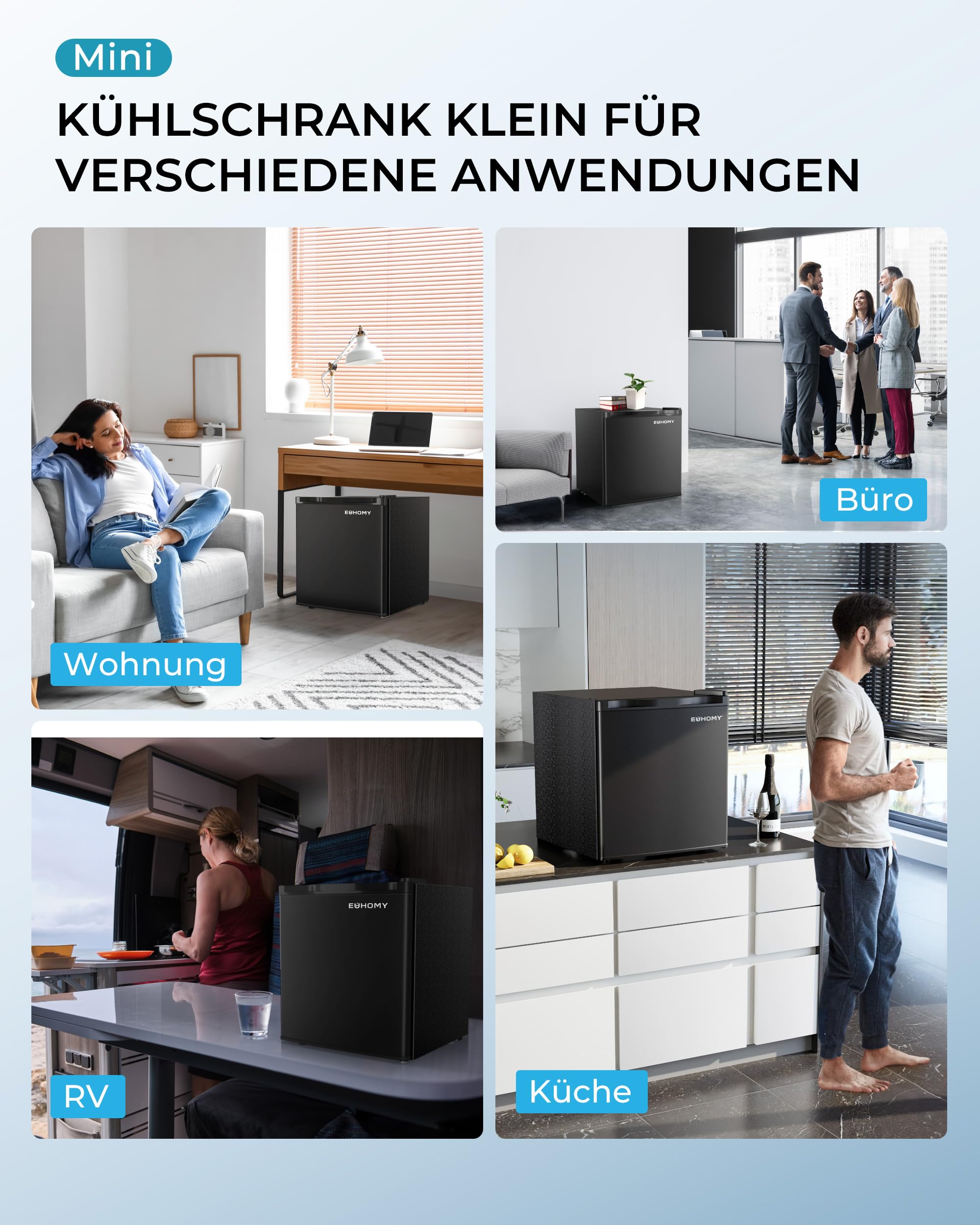 EUHOMY Mini Kühlschrank, 46L Kühlschrank klein, kleiner Kühlschrank mit umkehrbarer Tür, 7-Stufen Thermostat, 38dB Ultra-Leise, Energieeffizienter Kompaktkühlschrank für Schlafzimmer, Büro