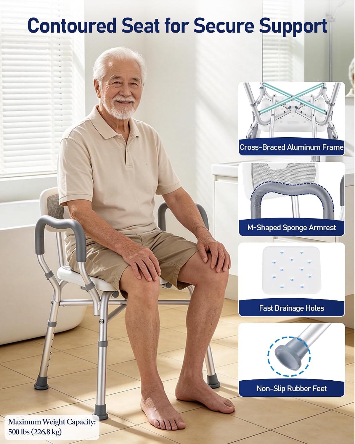 Heavy Duty Shower Chair with Arms and Back, 500 lb Capacity | Shower Chair for Elderly and Disabled with Non-Slip Silicone Seat Pad, Adjustable Height and Reinforced Crossbars
