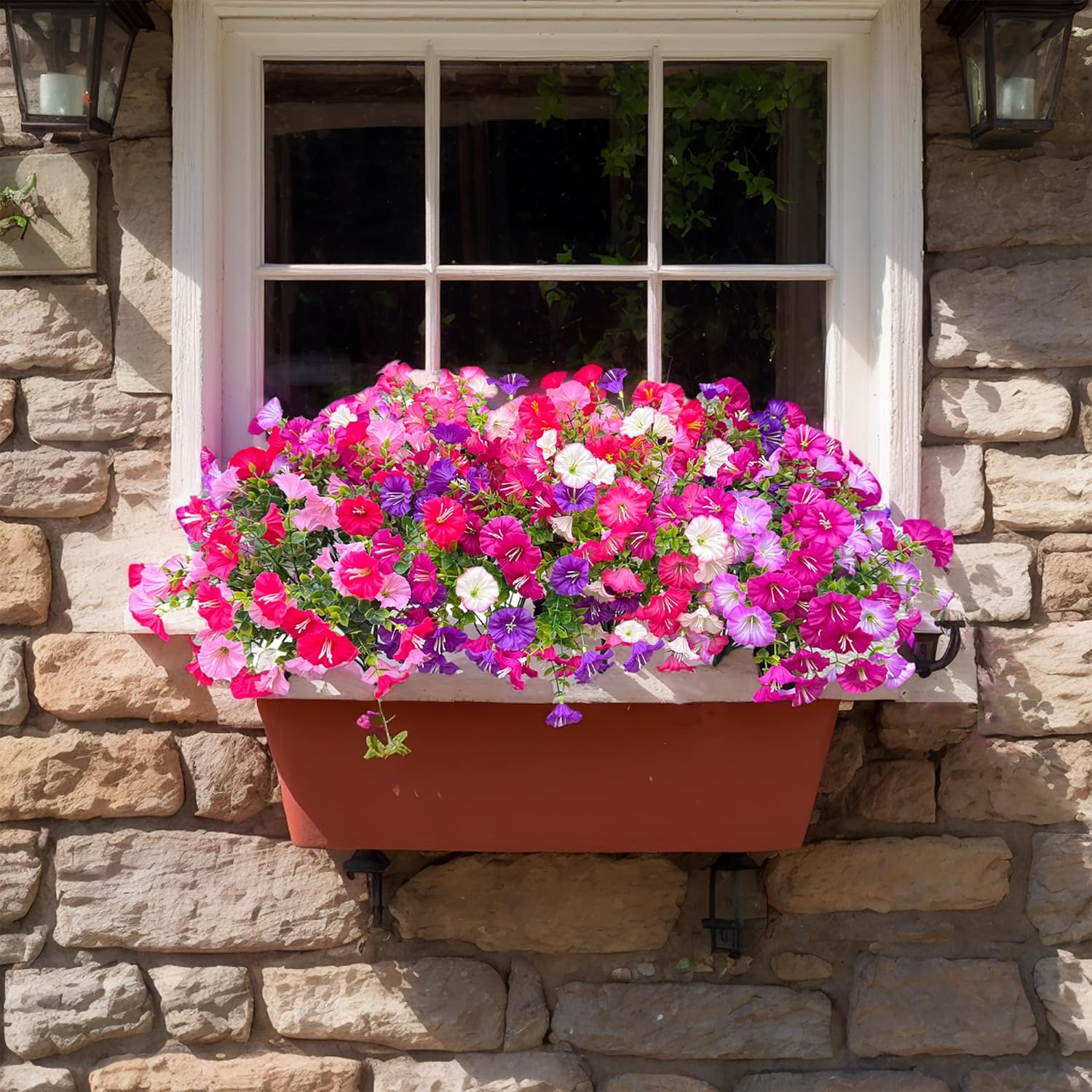 7 Color Mix Artificial Flowers for Outdoor, Fake Flowers Faux Plants for Outside Indoor, Summer Decor Morning Glory Petunia UV Resistant, for Garden Porch Window Box Home Planters (Pink Purlpe) - Image 7