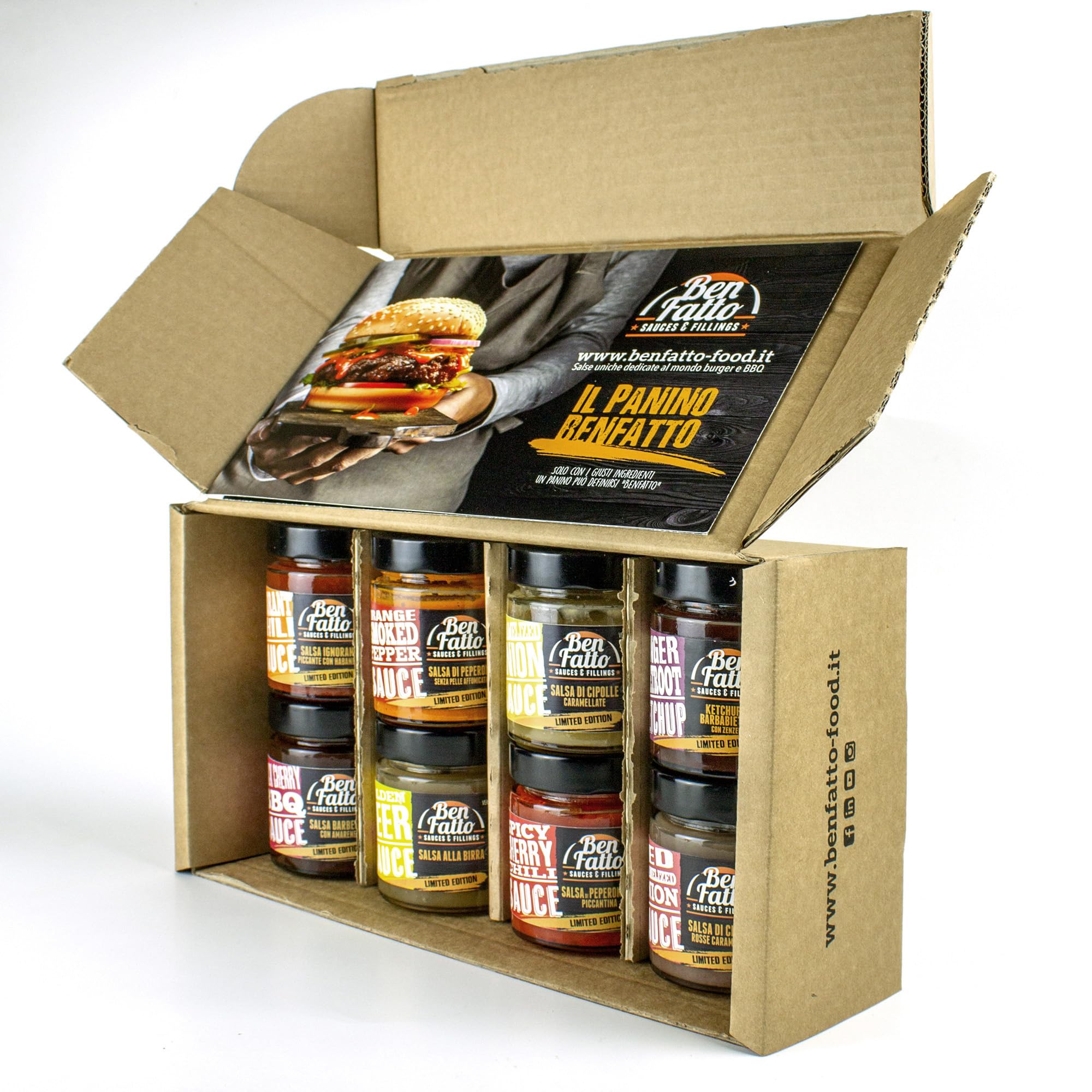 CONFEZIONE GOURMET Benfatto 8 vasi SALSE speciali per Hamburger e BBQ - CONFEZIONE REGALO - EDIZIONE LIMITATA - Made in Italy