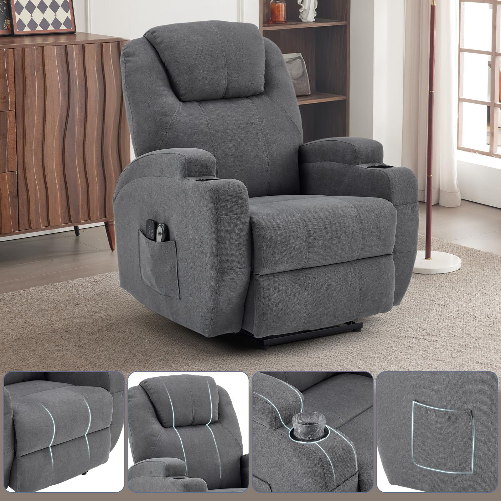LEADZM Silla eléctrica, Silla de Relax eléctrica, Con función de masaje | de calefacción, control remoto de inclinación relajante con reposapiés, capacidad de carga, 160 kg, gris oscuro