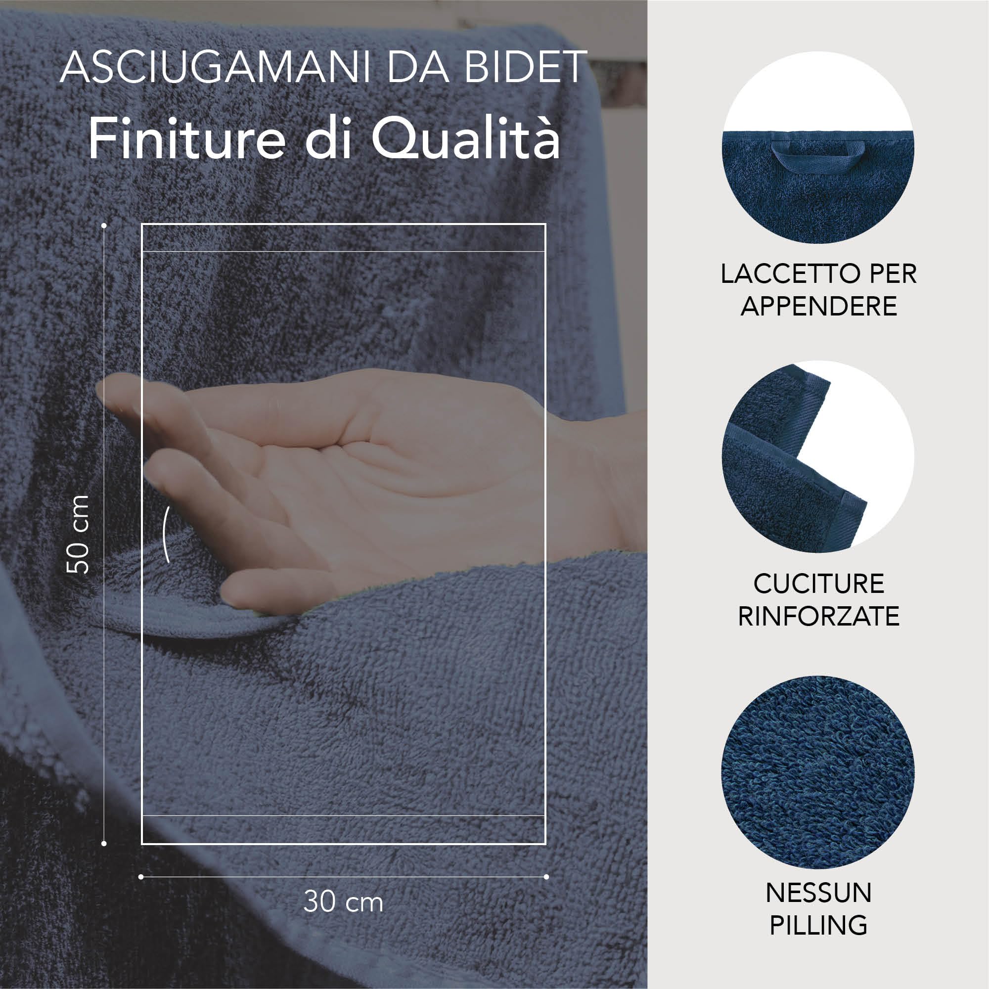 Ôhm Asciugamani 30x50 cm in Spugna di Cotone 500 g/m² Blu scuro – Asciugamani Bidet e Ospite Morbidi e Assorbenti – Asciugamani Bagno Piccoli 30x50 – OEKO TEX Set 10