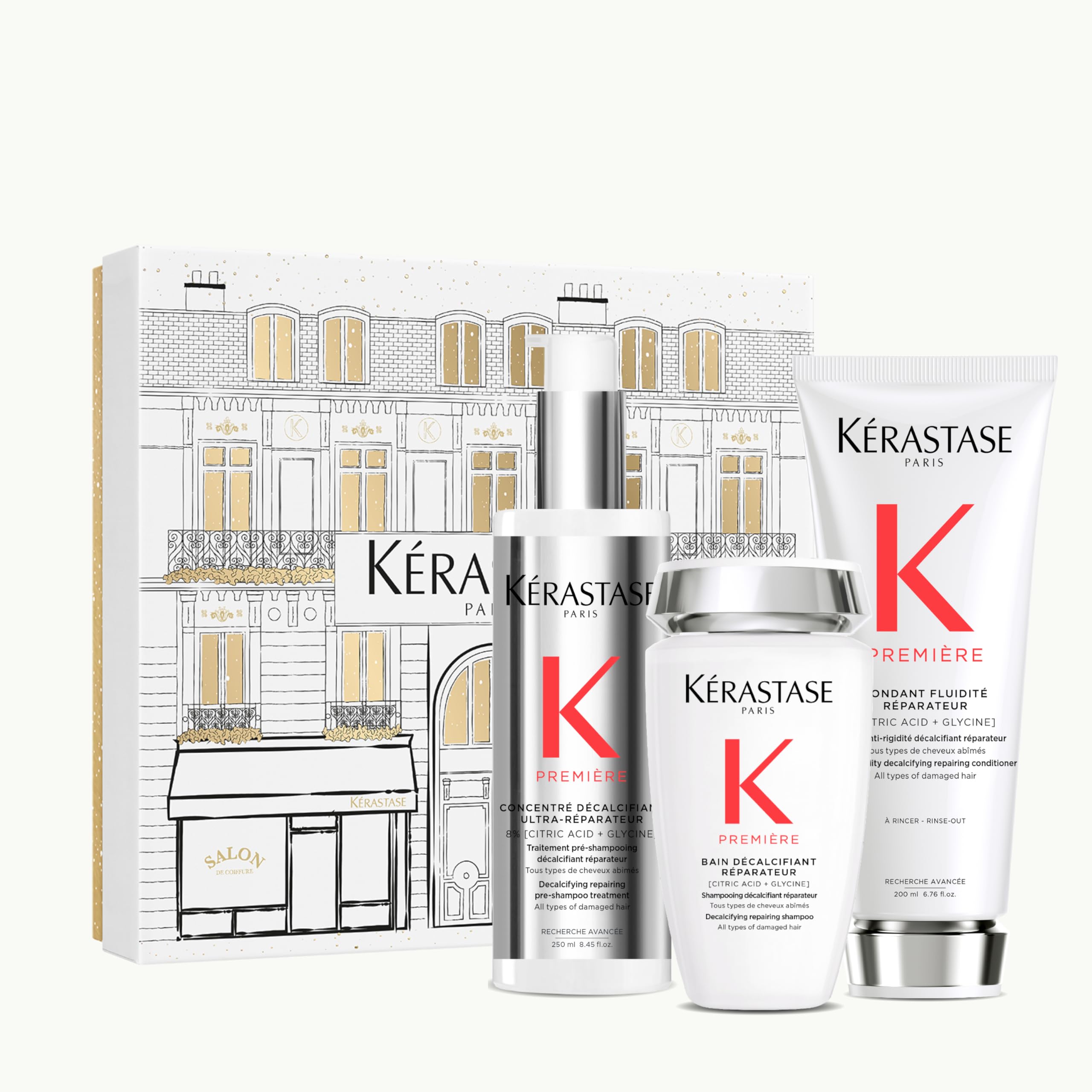 Kérastase, Première, Kit per Capelli Danneggiati, Pre-Shampoo + Shampoo + Balsamo, Azione Riparatrice, Capelli Più Forti, Décalcifiant Réparateur, 250 + 250 + 200 ml