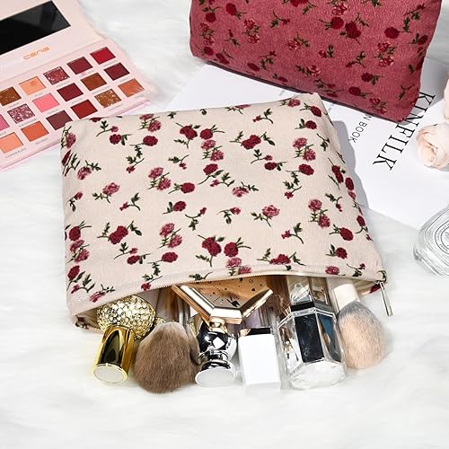 Miniatura 5 de SOIDRAM Bolsa de maquillaje floral de 2 piezas, bolsa grande de pana para cosméticos, bolsa de viaje de lona, organizador de brochas de maquillaje,