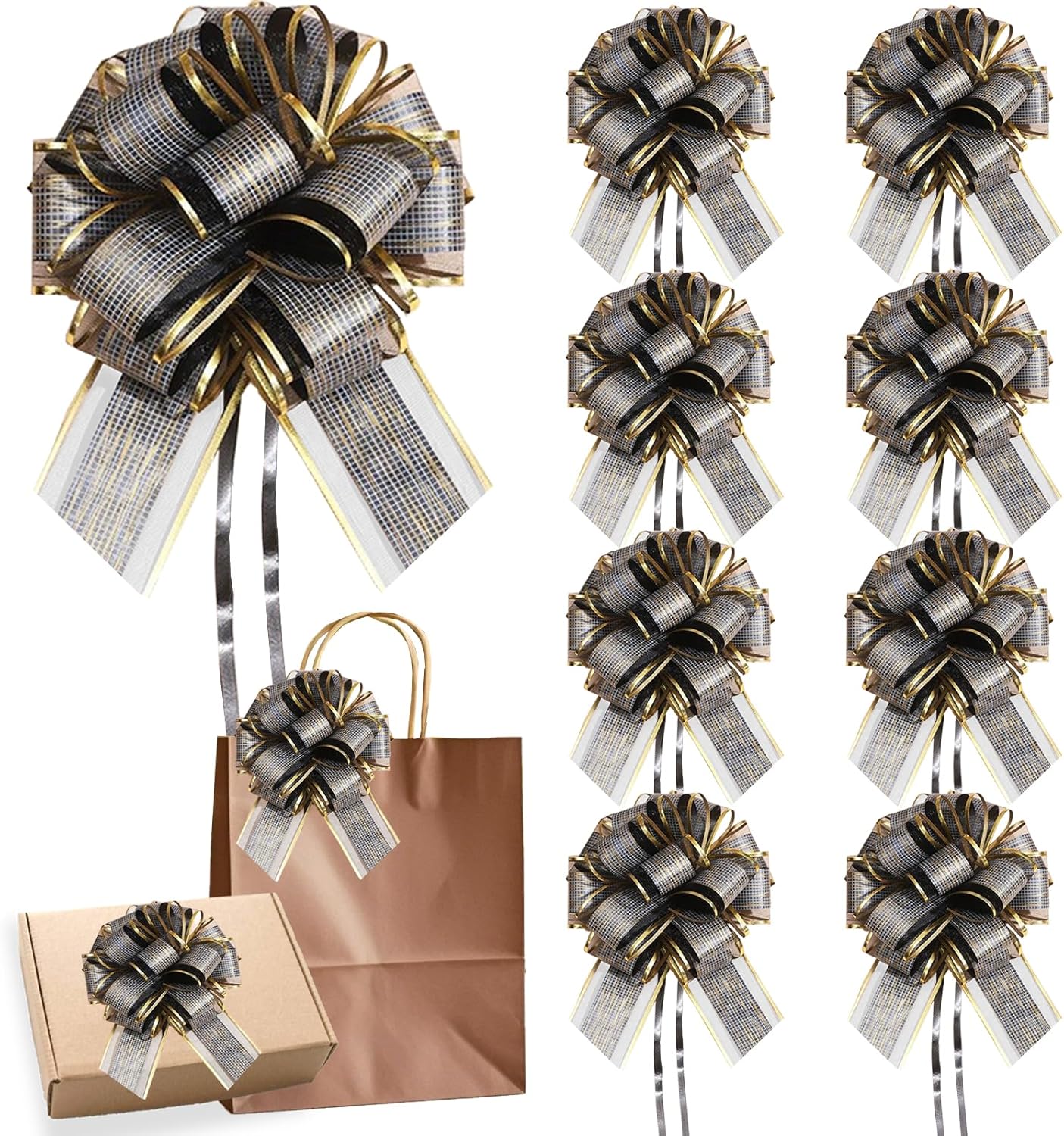 8 Pieces Large Black Christmas Pull Bows for Gift Wrapping, 6" × 8" Wedding Gift Ribbon Bow for Presents Baskets Boxes, Birthday Floral Bowknot Pull Bows for Christmas Anniversary Decorations