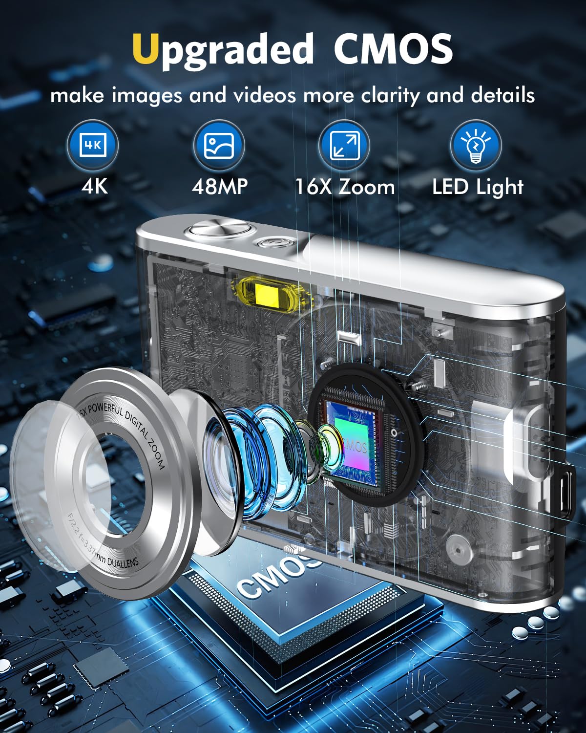 Appareil Photo numérique, Autofocus 4K Appareil Photo Compact avec Carte mémoire 32 Go, Double Objectif HD 48 MP, Zoom numérique 16x, Grand écran 2,8 Pouces Appareil Photo numérique pour débutants