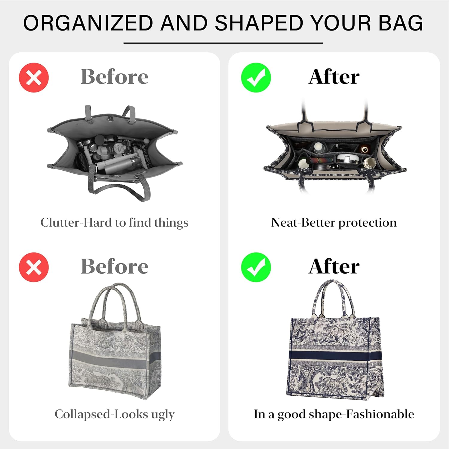 Tote Bag Organizer Insert Compatible with Dior Book Tote and onthego Bag Large,Premium Felt Lightweight Purse Organizer Insert for Handbags,Bags Shaper Purse Accessories with Zipper,GM,Black - Image 3