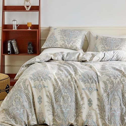 Miniatura 9 de YuHeGuoJi - Juego de cama de 3 piezas, 100% algodón, diseño geométrico con estampado botánico y 2 fundas de almohada, tamaño king y queen, diseño de