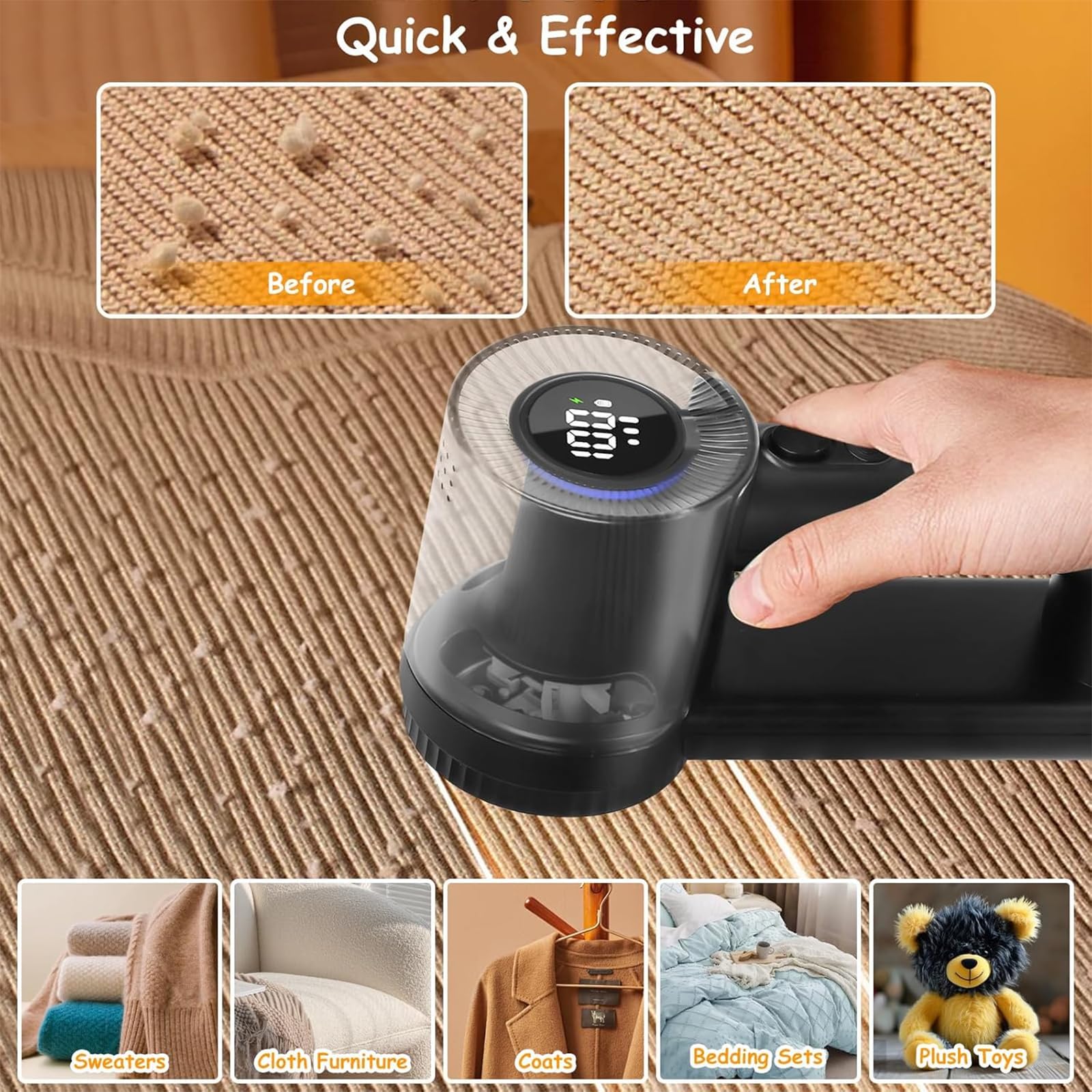 Quitapelusas Recargable, Quitapelusas Comercial Eléctrico con Cuchillas De 6 Hojas con Pantalla LED, 3 Velocidades Ajustables, Protección De Apagado Automático para Ropa, Alfombra Y Sofá