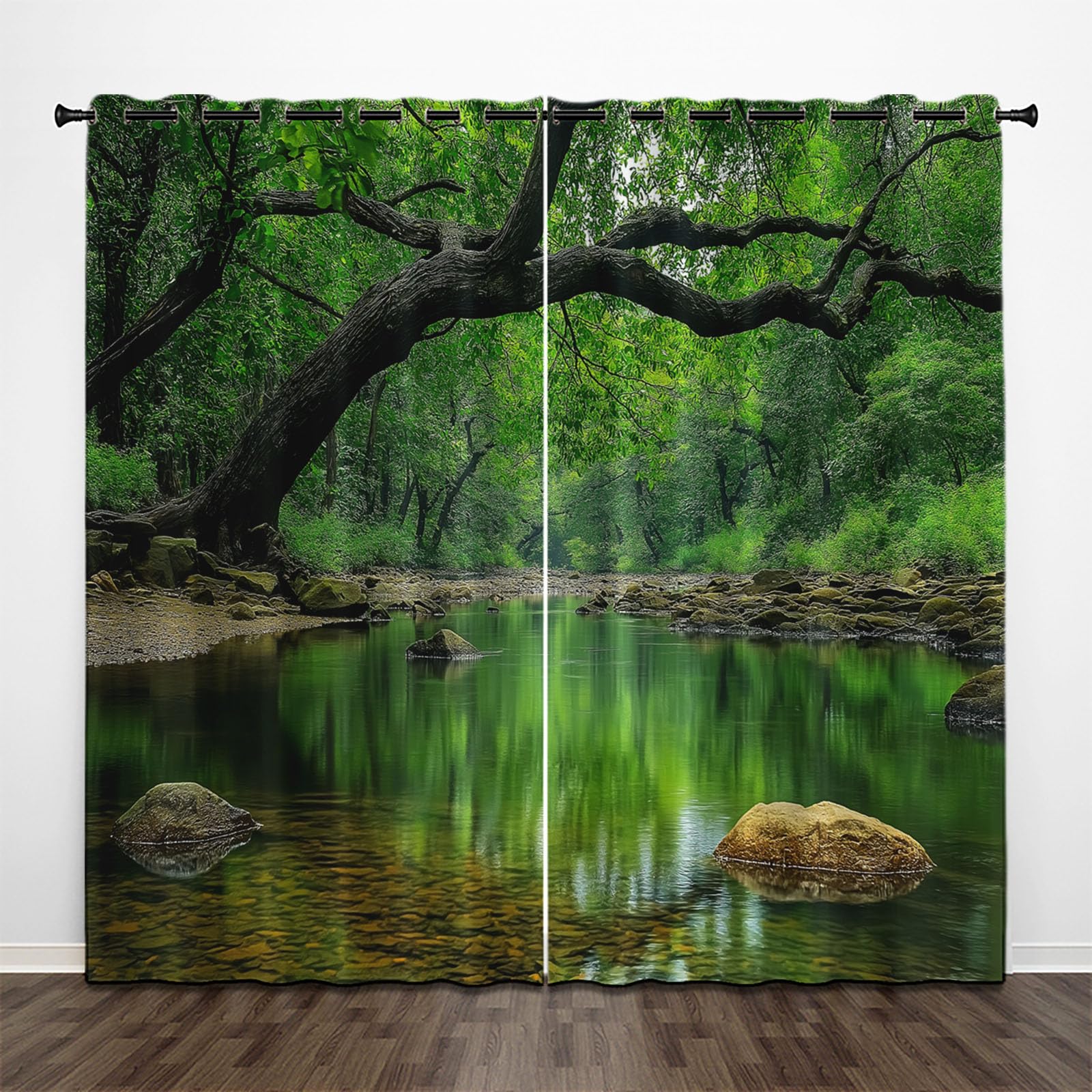 Rideau occultant vert 140x180 cm à motif forêt nature pour isolation thermique et phonique