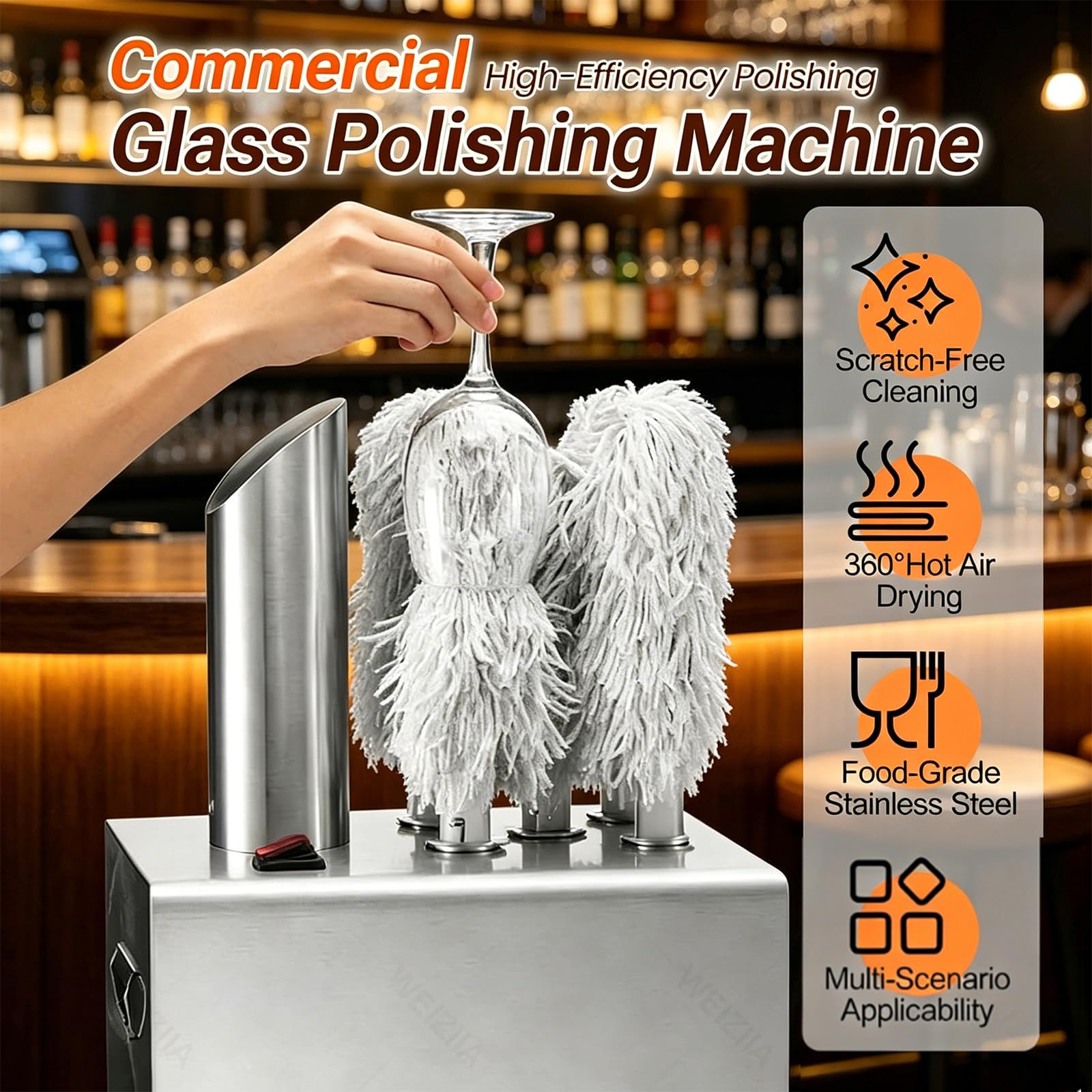 Máquina Secadora Y Pulidora Copas, limpieza 360° sin ángulos muertos, alta velocidad, transparencia cristalina, cepillos desmontables. Para copas de vino y champán en salones y cocinas 8Head