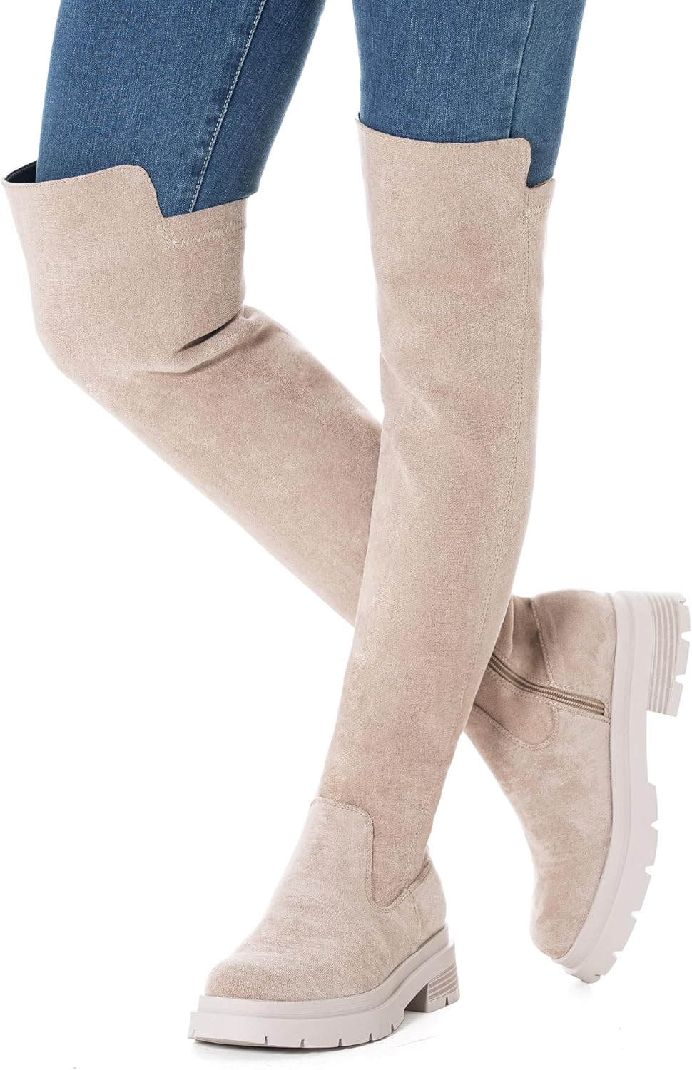 N.N.G Over The Knee Combat Boots, Black Brown Beige Suede, Platform Lug Sole with 2 Inch Heel, Side Zipper for Women, Streetwear Fashion