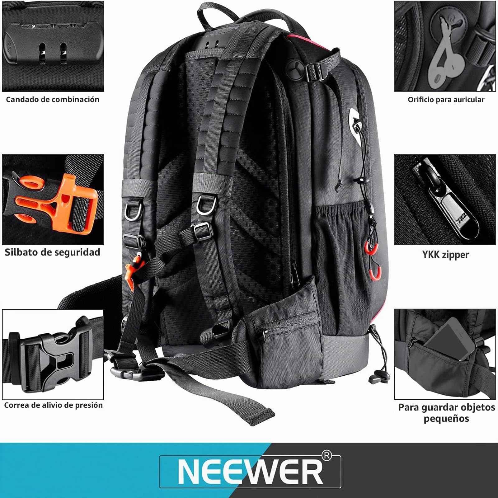 Neewer Pro Mochila de Cámara Impermeable a Prueba de Golpes Ajustable Acolchado Bolsa con Bloqueo de Combinación Antirrobo