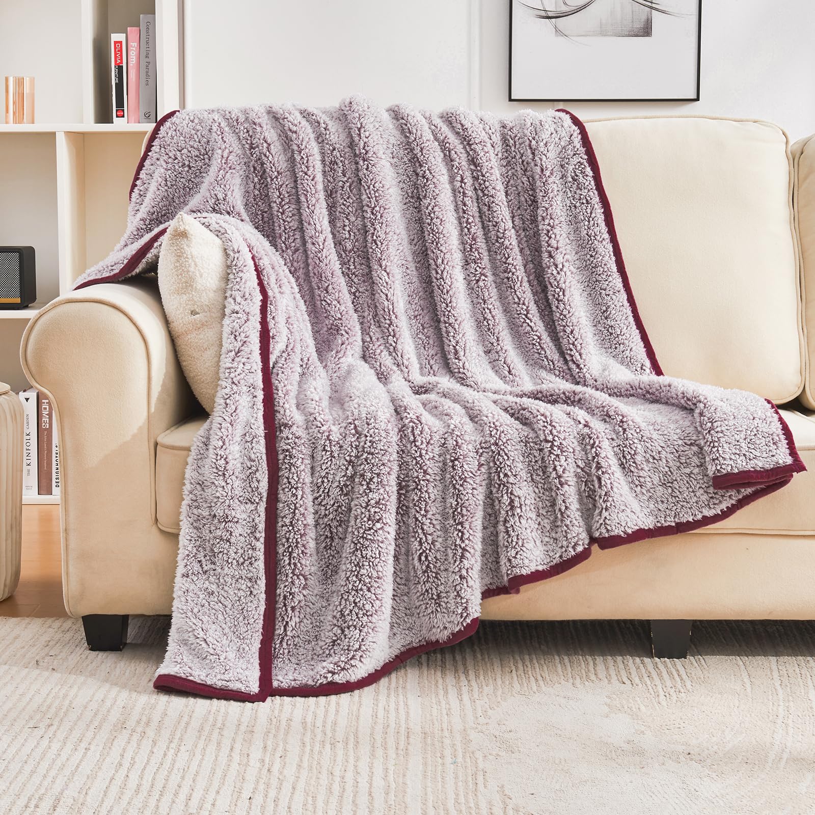 EMME Sherpa Blanket Throw Size Ultra Soft Warm Fuzzy Fleece Throw Blanket Microfiber Cozy Blanket for Couch Sofa Lightweight Fuzzy Thick Reversible Couch (Red