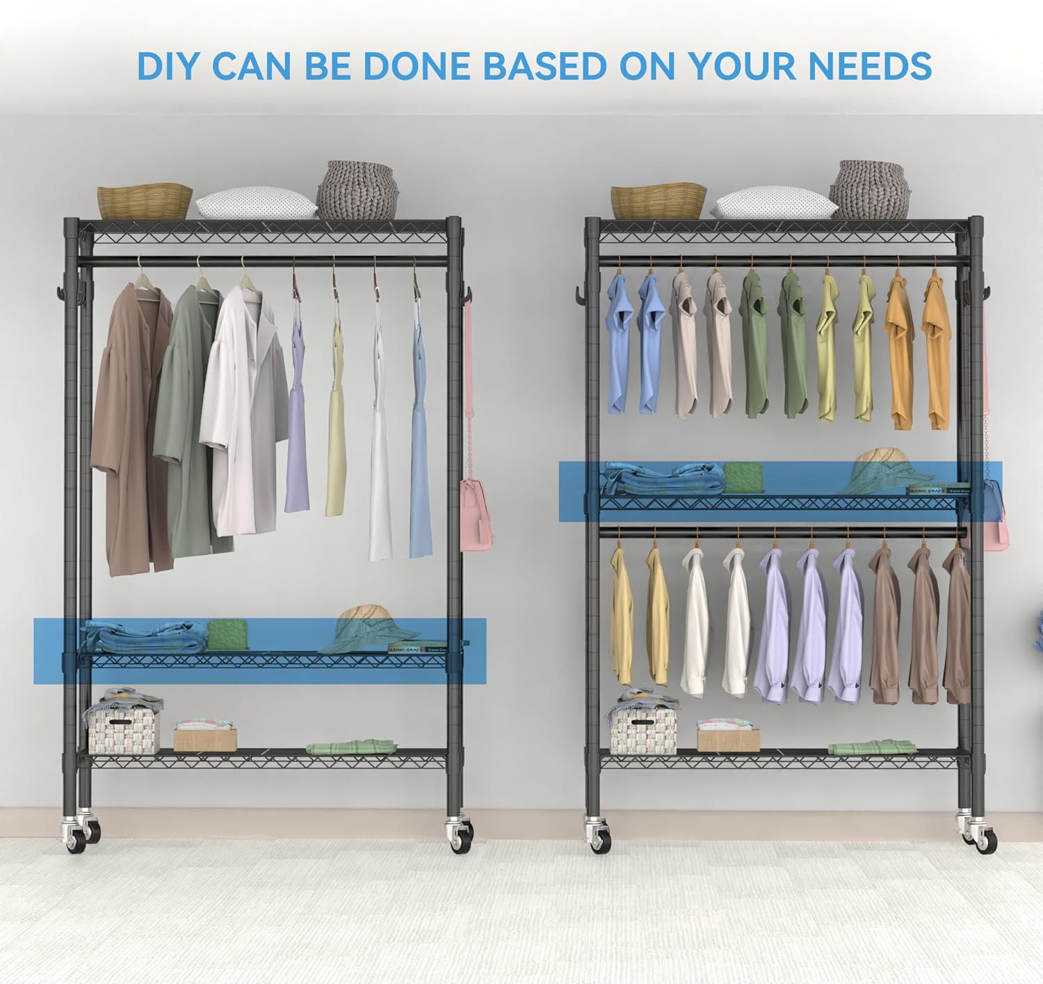 V12 Black Heavy Duty Rolling Garment Rack with Adjustable Shelves