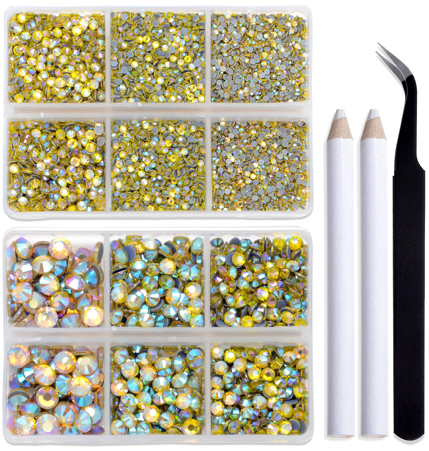 Bymitel Hotfix Crystal Rhinestones Round Gems for Crafts,Mixed 6 Sizes with Wax Pencil Kit, Citrine AB 1.6-6.3mm SS4-SS30/8000pcs