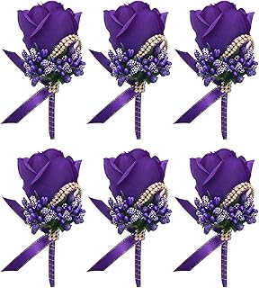 Febou Purple Wedding Rose Boutonniere with Pins for Men Wedding Groomsmen Best Man, Groom Boutonnieres for Wedding Party Prom Anniversary (Boutonniere-Purple, 6 Packs)