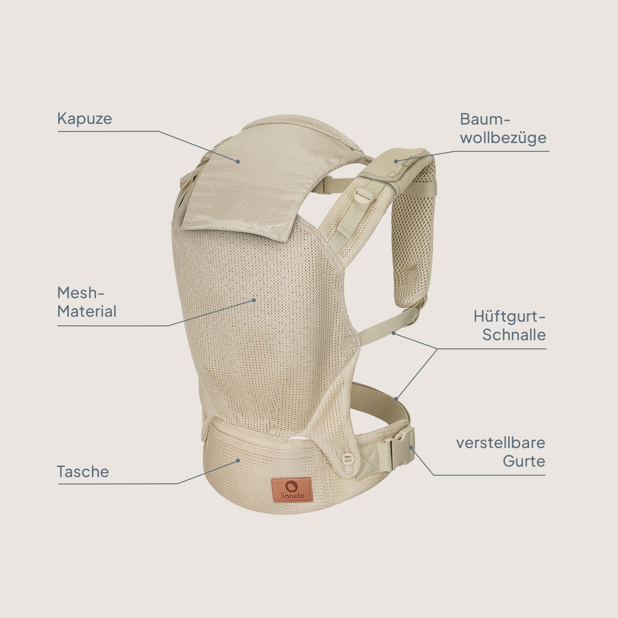 Lionelo Margareet Air Ergonomische Babytrage für Babys von 4 Monaten bis 20 kg, 3 Tragepositionen, atmungsaktives Material, abnehmbare Kapuze, doppelte Sicherheit