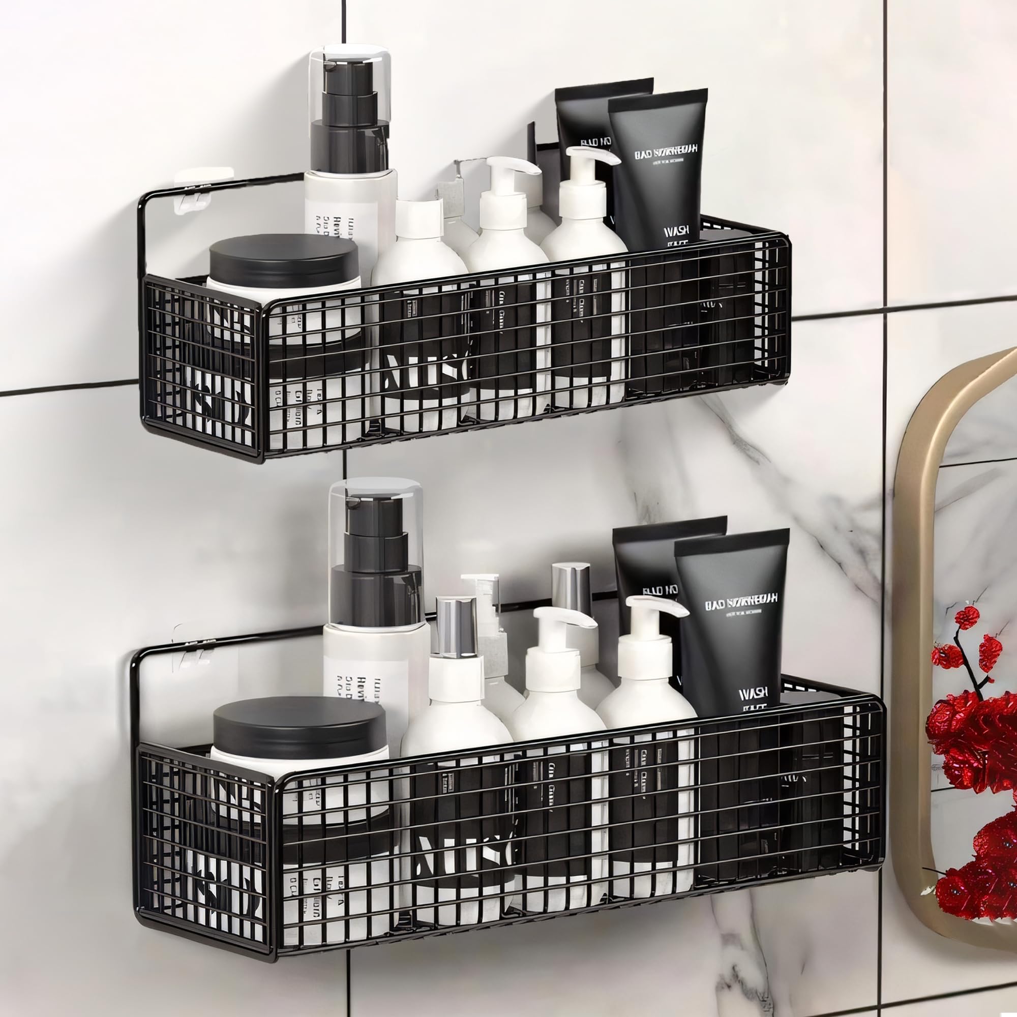 MIORAH Bathroom Organiser Without Drill | Bathroom Accessories with Hooks | Self Adhesive Bathroom Shelf for Wall | Washroom Organiser Made of Strong Quality Metal (Black-Pack of 2) (B0DB89CMN9) Amazon Price History, Amazon Price Tracker