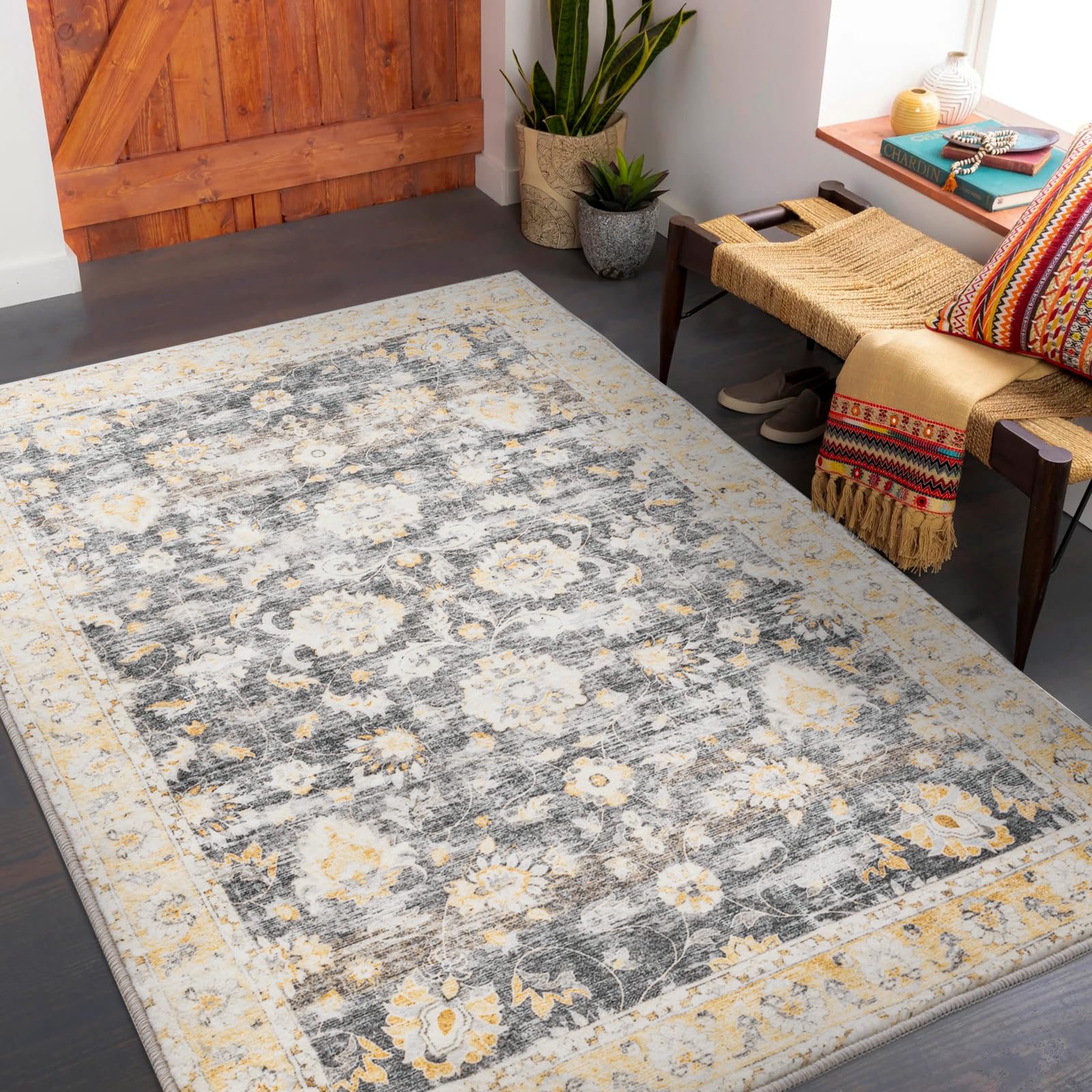 Carvapet Tapis de Couloir 90x150cm Antidérapant Tapis de Passage Long Tapis de Cuisine Lavable Doux Microfibre Géométrique Tribal Tapis de Sol(Gris