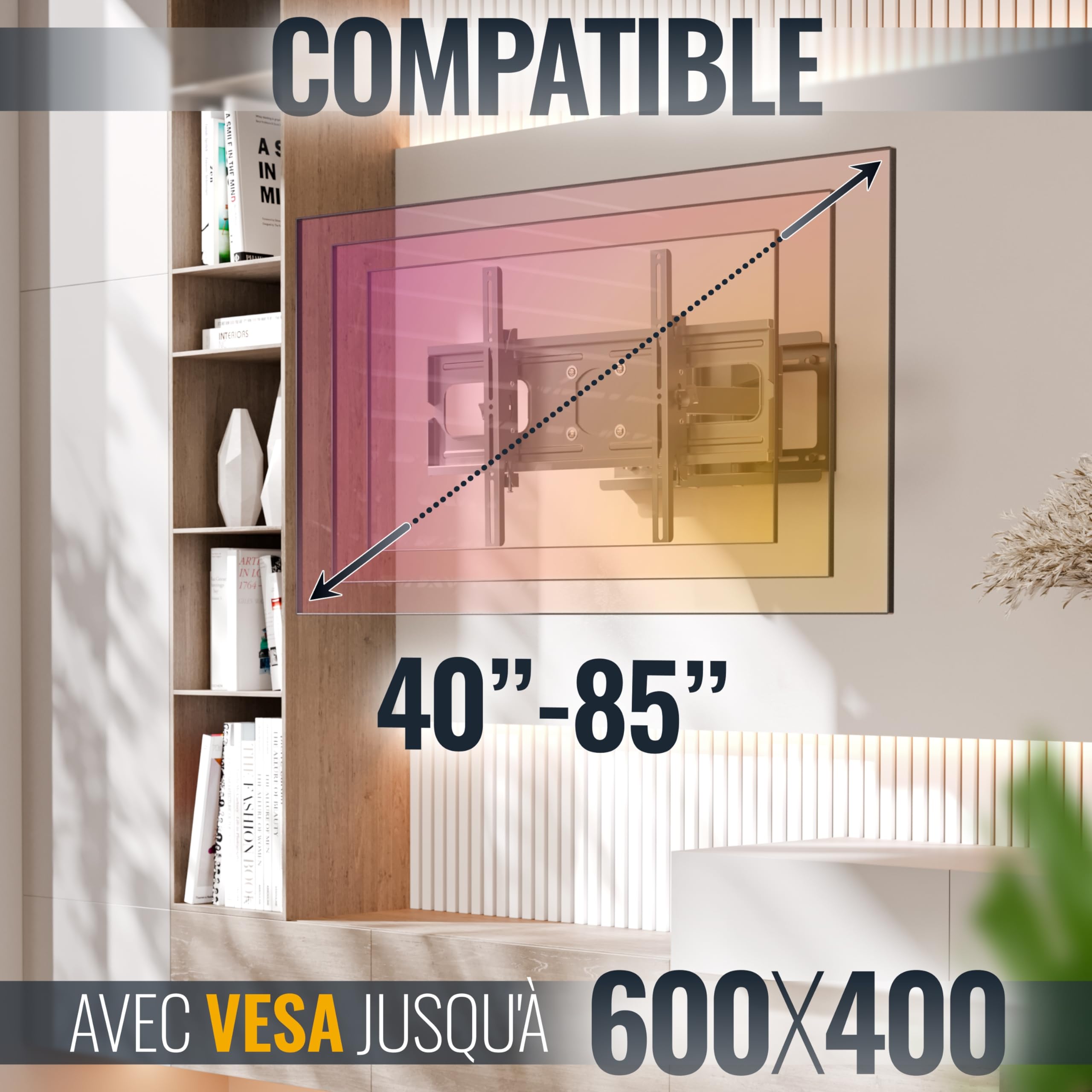 RICOO R06 Support Mural TV 40 42 43 48 50 55 60 65 70 75 83 85 Pouces Orientable et Inclinable Fixation VESA 200x200 400x400 à VESA 600x400 Mural télévision Bras articulé pour télé