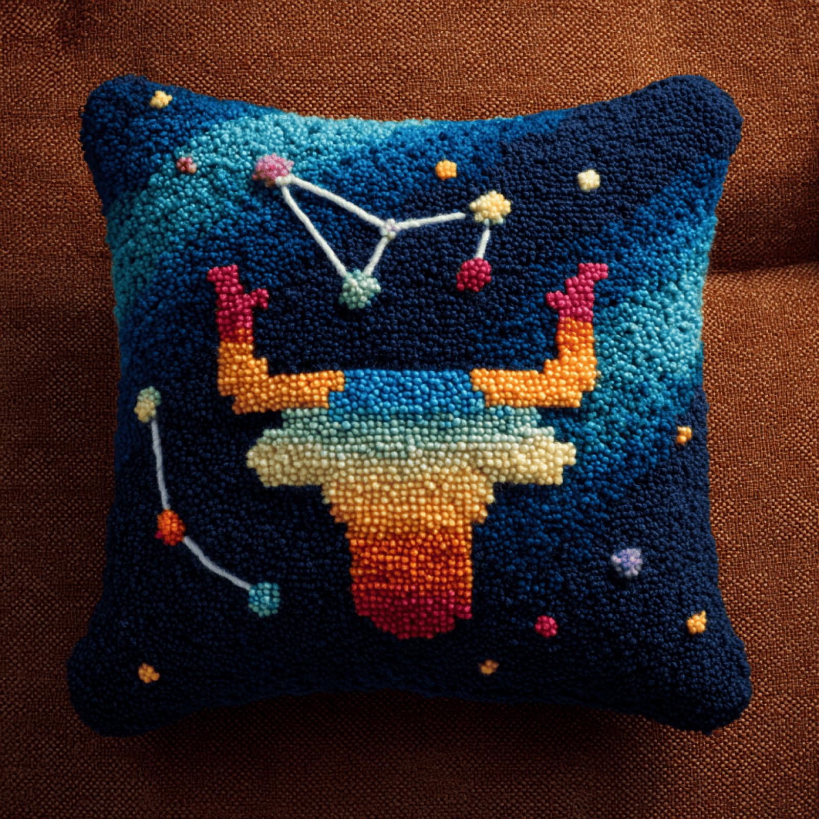 Taxpy Taurus Constellation Latch Hook Cushion Kit for Adults,17x17in Pillow Cover Craft with Pre-Printed Canvas,Soft Yarn and Hook Tool for DIY Home Decor