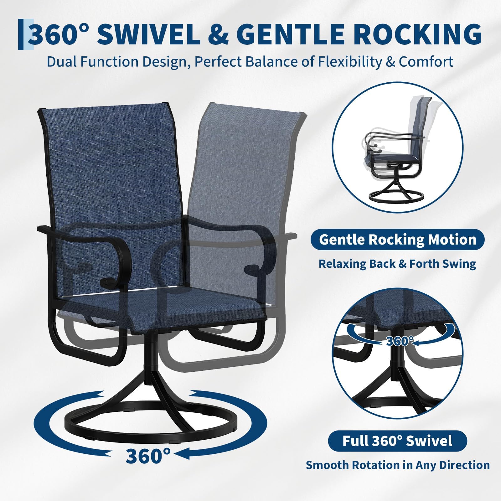 360° Drehbare Gartenstühle 2er Set, Hochlehner Patio Stühle für Außenbereich, Wetterfestes Atmungsaktives Textilene, Stabiler Pulverbeschichteter Metallrahmen, für Terrasse, Balkon, Rasen, Blau