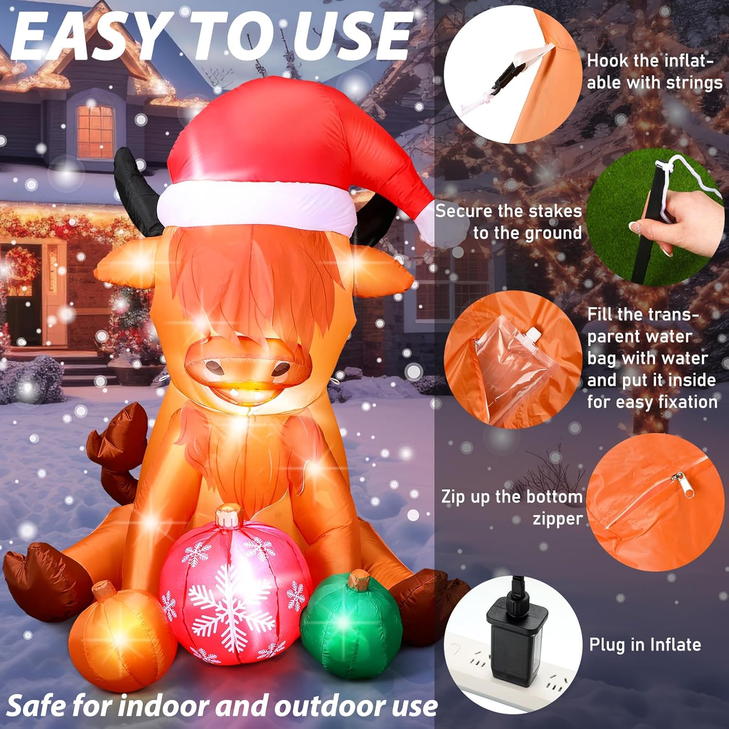 VIHOSE 4.9 FT Christmas Inflatable Cow Decoration Inflatable Highland Cow Cute Blow up Animals in Santa Hat with Built-in LED Light and Christmas Balls for Party Garden Farm Lawn Holiday Outside