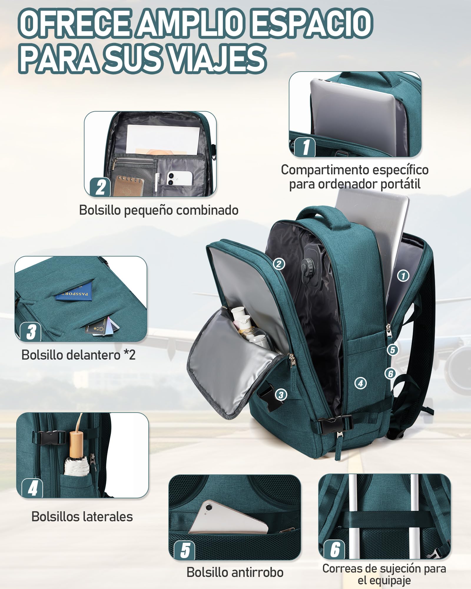 suradar Mochila al Vacío Viaje con Bomba Integrada Mochilas Cabina Avion 40x20x30 Ryanair Wizzair Eurowings Vueling Mochila Compresion al Vacio con Bomba Equipaje de Mano 40x30x20 Azul Pavo Real