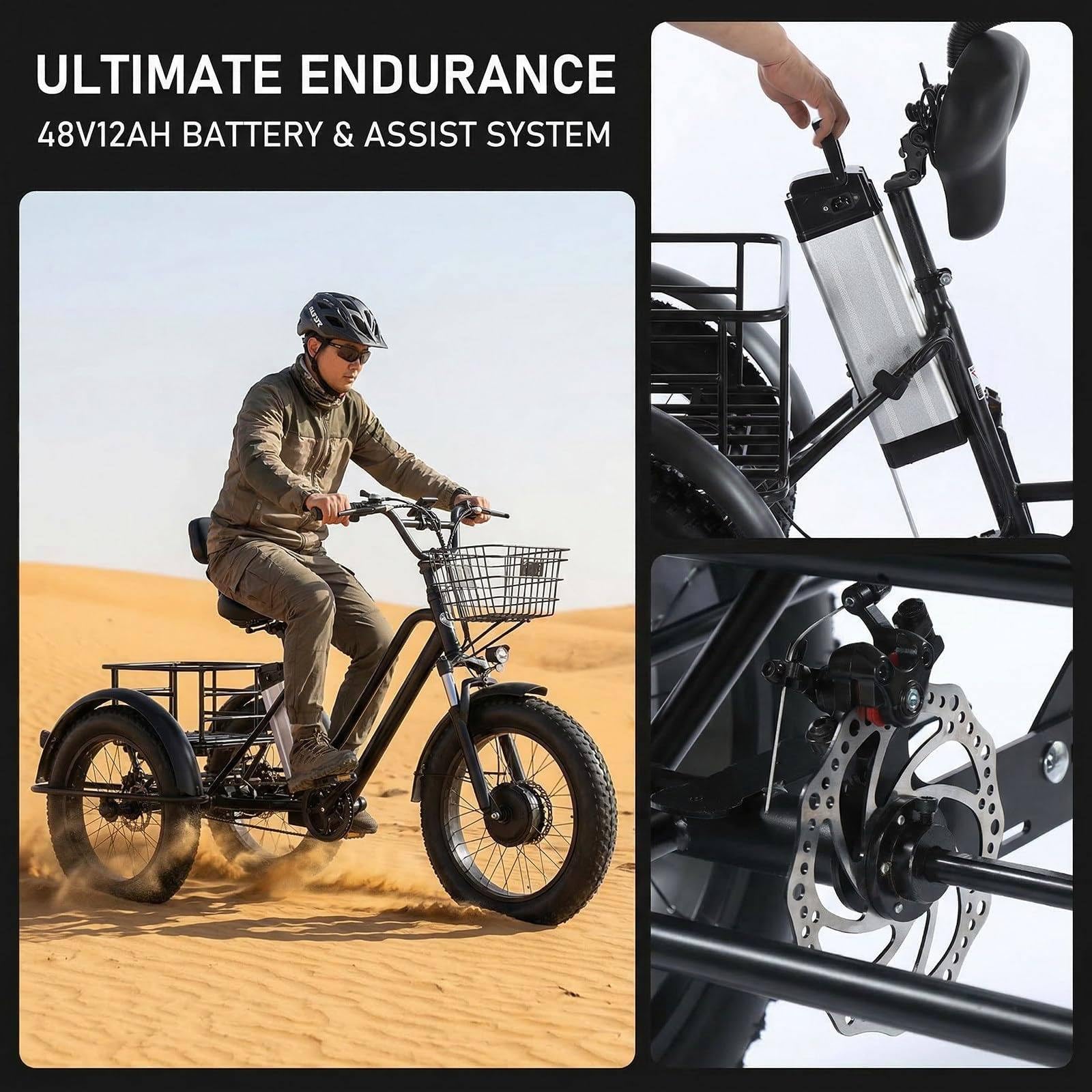 Tricycle électrique Adulte 20" - Charge Maximale 200 Kg, Grand Panier, Vélo électrique Tout-Terrain, 48 V/12 Ah, Autonomie 45 Km, Idéal Pour Les Trajets Domicile-Travail Et Les Courts Voyages.