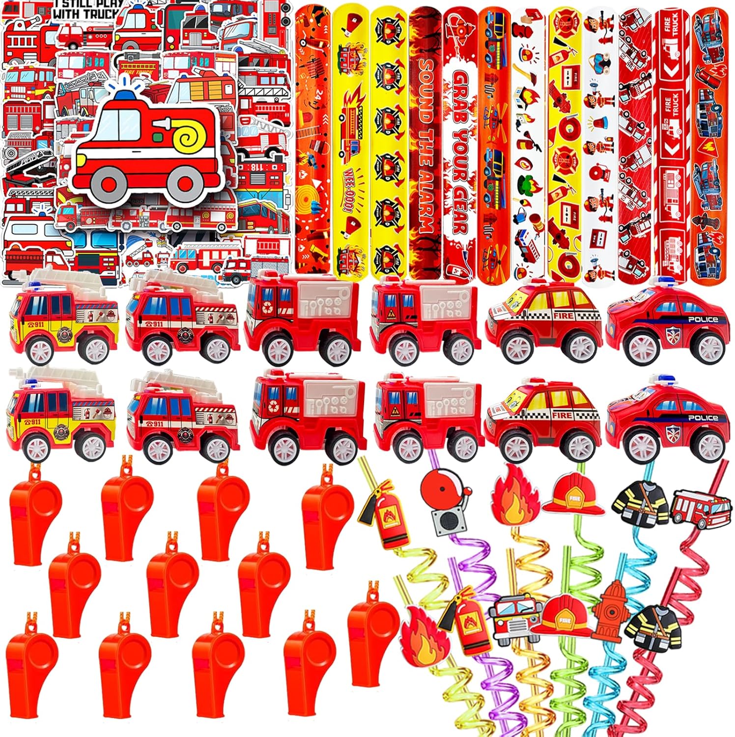 Fire Truck Party Favors Set -Firefighter Stickers, Drinking Straws & More for Firefighter Themed Birthday Party