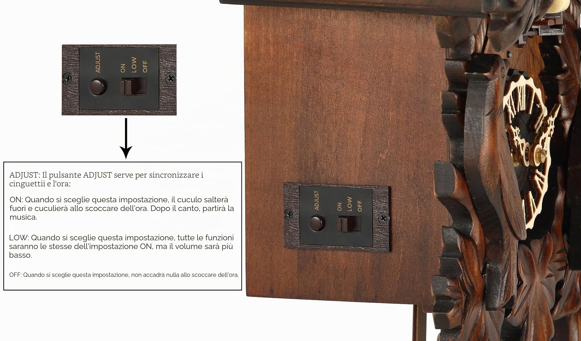 Kintrot - Orologio a cucù, tradizionale orologio in legno artigianale della Foresta Nera con quarzo, per decorazione da parete antica con pendolo a foglia di acero, 12 melodie, sensore notturno e
