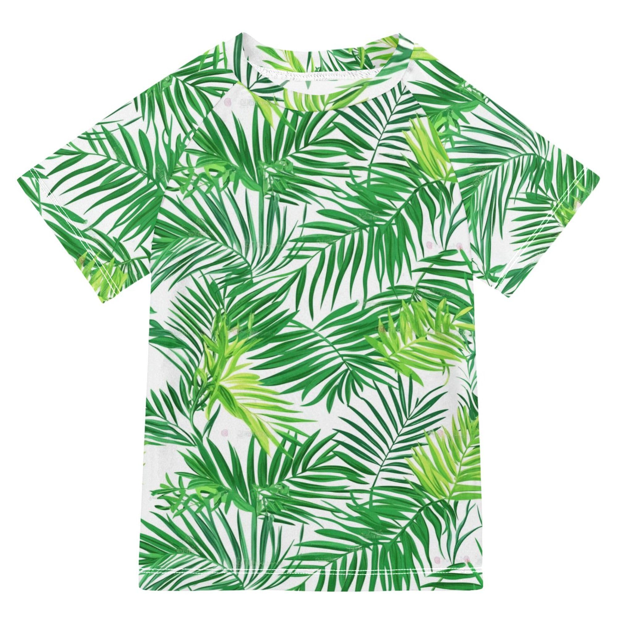 Green Palm Leaf Girls Bathing Suit Sun Protection Rash Guard Swimsuit Swimwears Football Shirt for Youth Boys 11-12Y