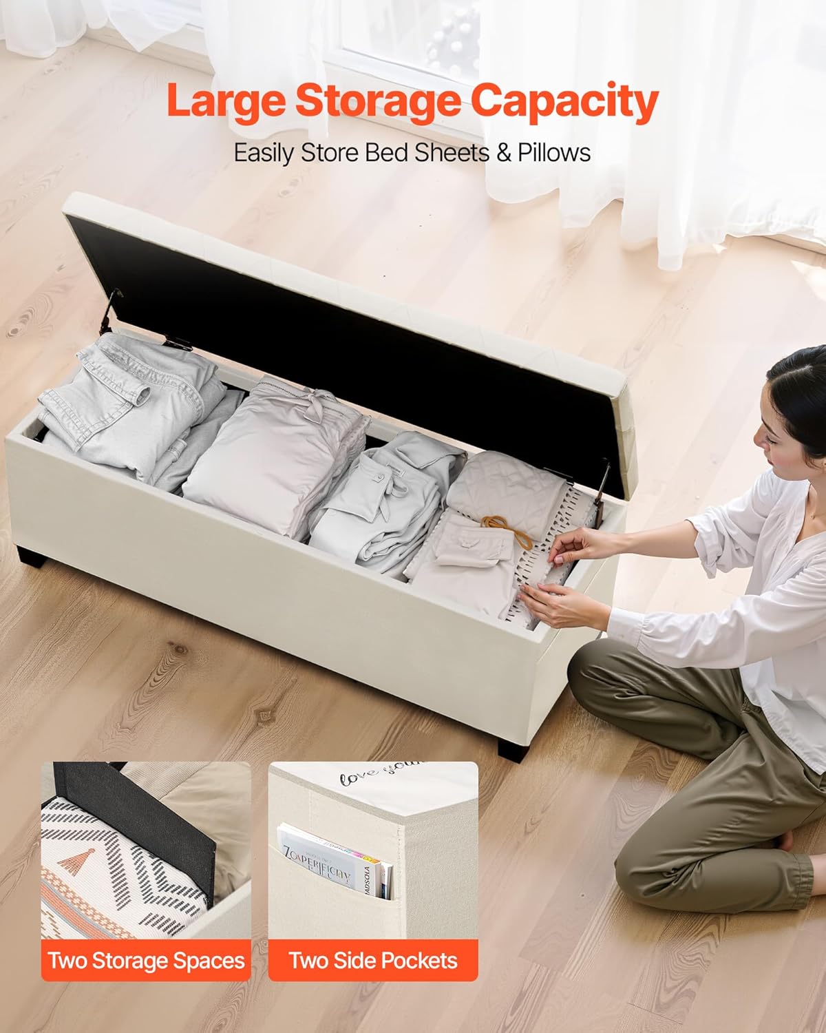 VEVOR Storage Ottoman Bench, End of Bed Bench with 2 Side Bags, Fabric Upholstered with Metal Frame, Toy Box Storage, Bed Benches for Foot of Bed, Bench for Entryway, Living Room, Playroom, Beige